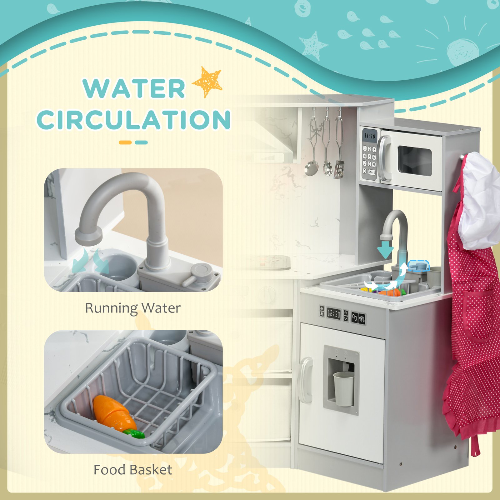 AIYAPLAY Toy Kitchen with Running Water, Lights, Sounds, Apron and Chef Hat, Water Dispenser, for Ages 3-6 Years, Grey - Image 4