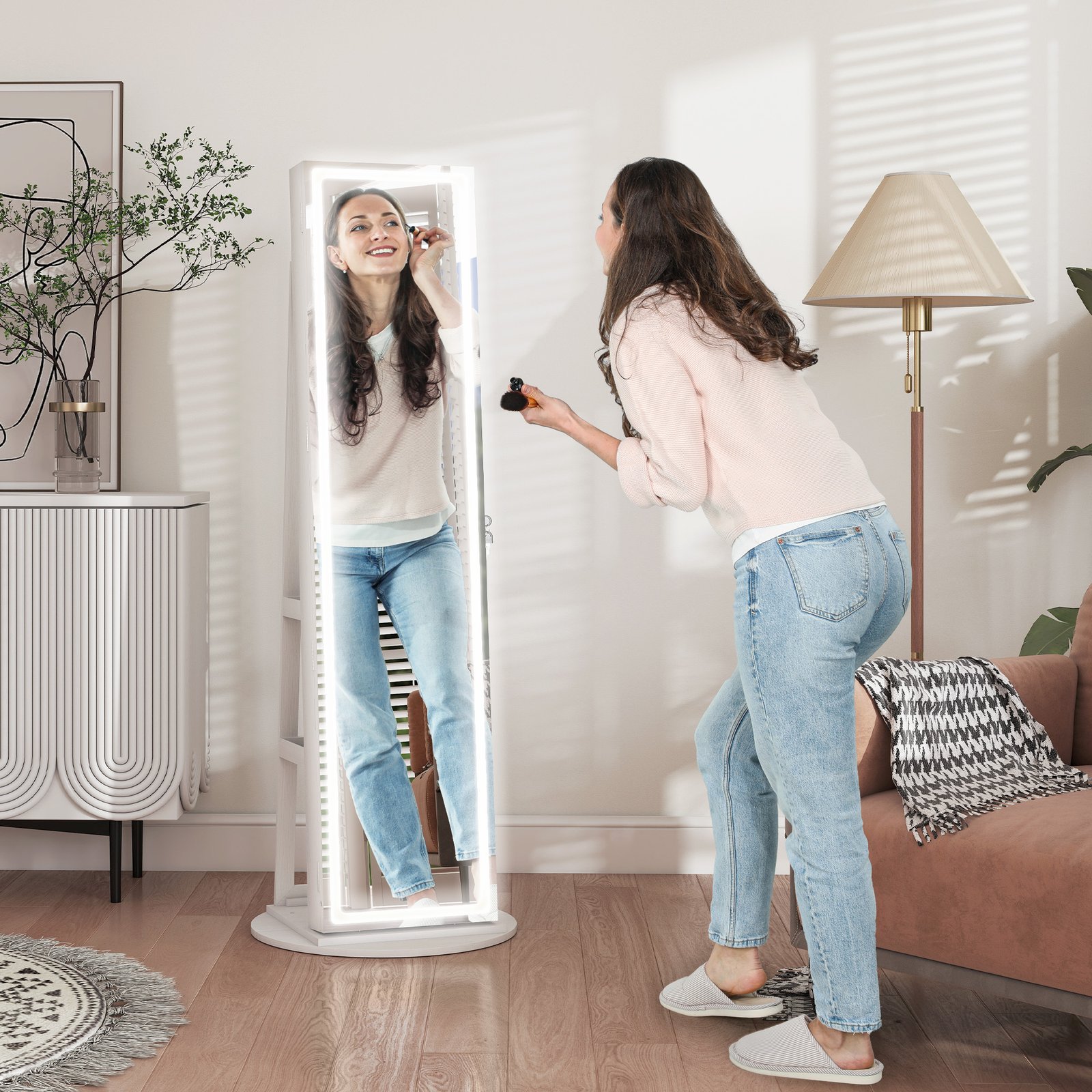 HOMCOM Storage Jewellery Cabinet, with Mirror and Lights - White - Image 2