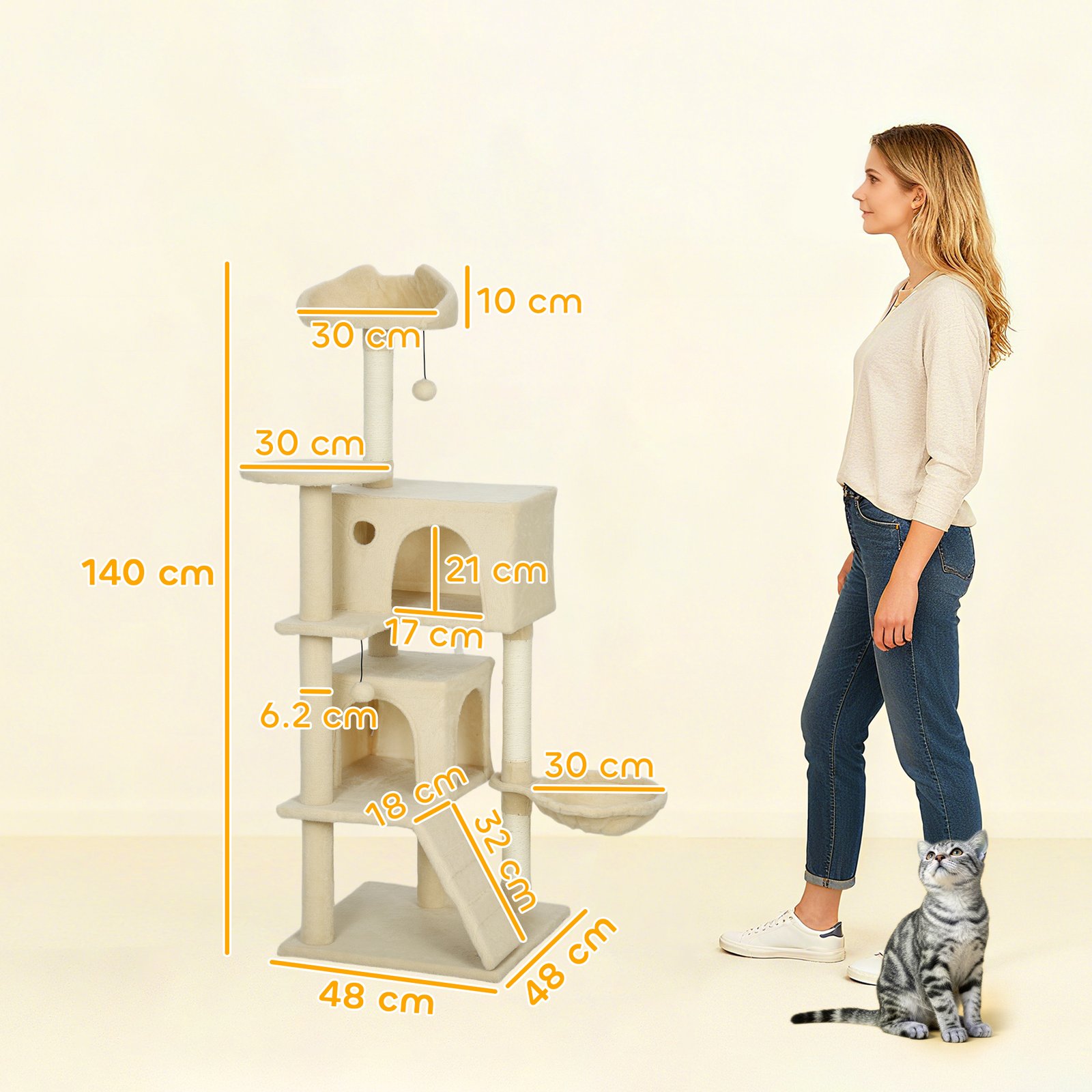 PawHut 140cm Large Cat Tree Tower with Sisal Scratching Posts, Plush Perches, Hammock, Beige - Image 3