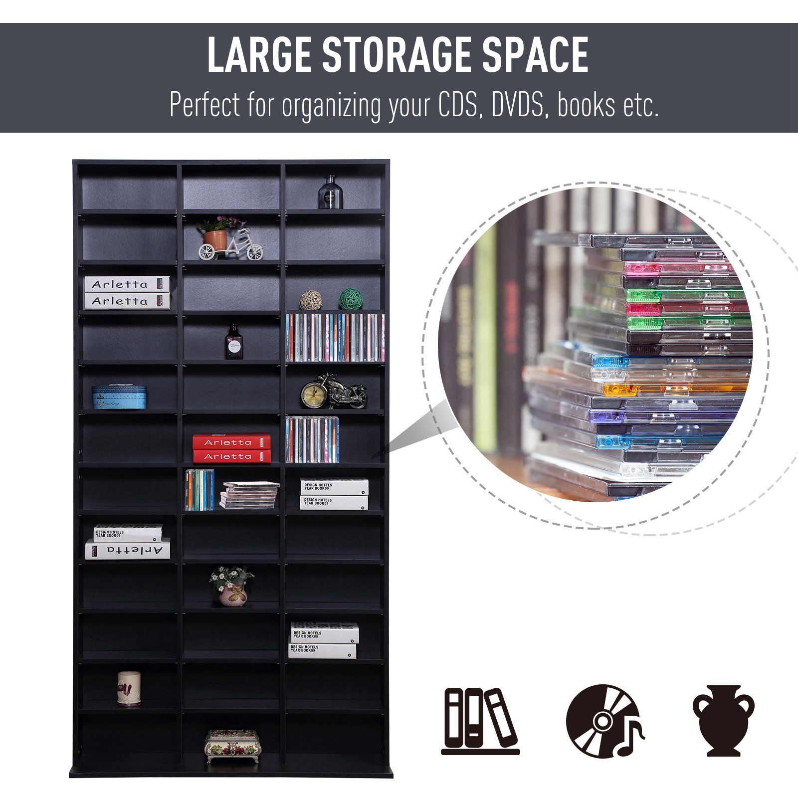 HOMCOM 1116 CD/ 528 DVD Storage Unit, Media Storage Shelf, Wooden Display Unit with Adjustable Shelves, 102 x 195 cm, Black - Image 7