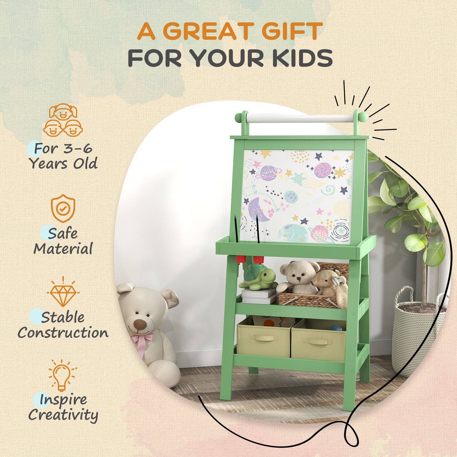 AIYAPLAY 3 in 1 Kids Easel Double-Sided Magnetic Whiteboard and Chalkboard with Paper Roll, Storage Baskets - Green - Image 6