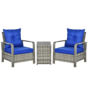 Outsunny 3 Pieces Rattan Bistro Set, Wicker Garden Furniture Set with Storage Coffee Table and Chairs, Thickened Cushions for Outdoor, Patio, Balcony, Blue