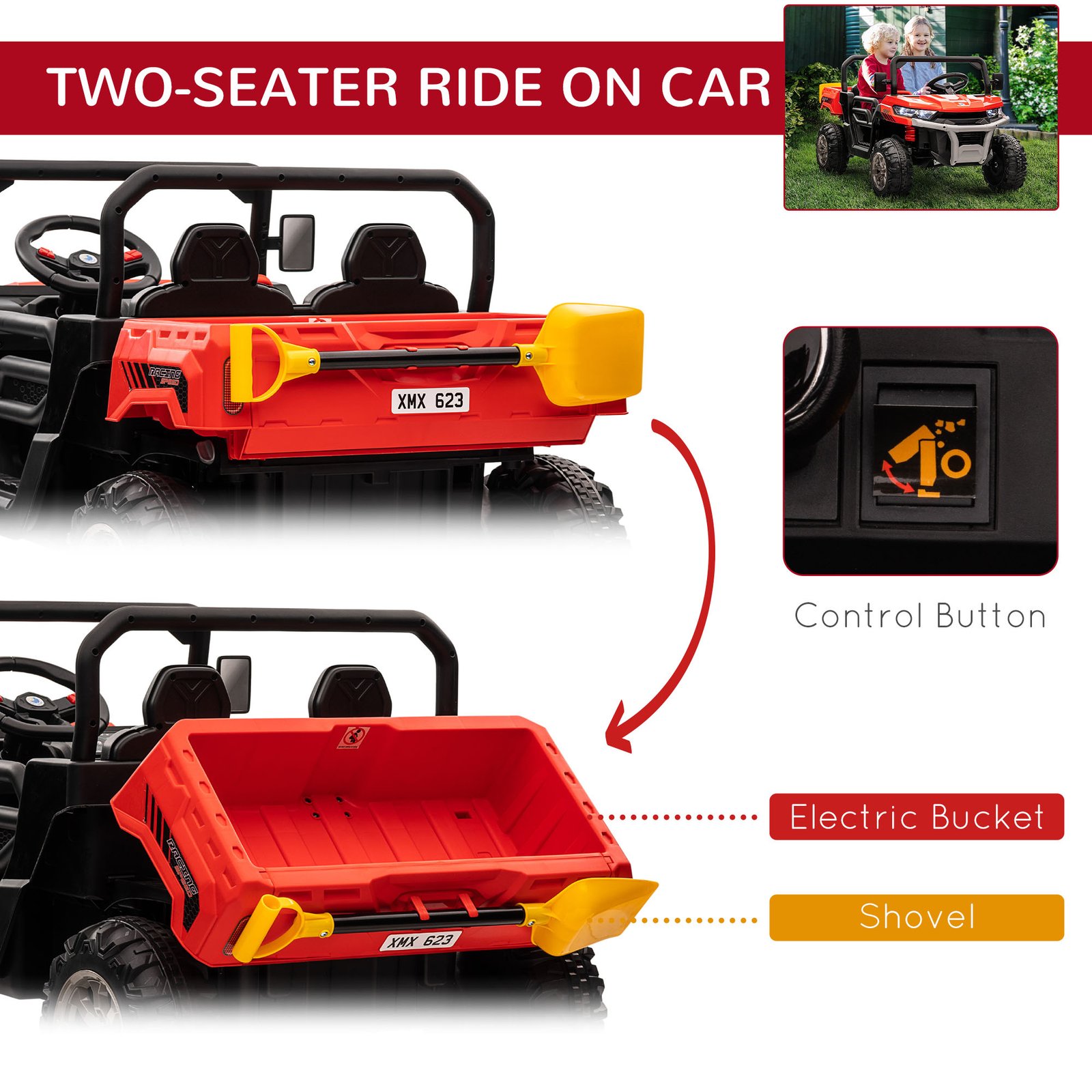 HOMCOM 12V 2 Seater Kids Electric Ride-On Car with Electric Bucket, Remote Control - Red - Image 4