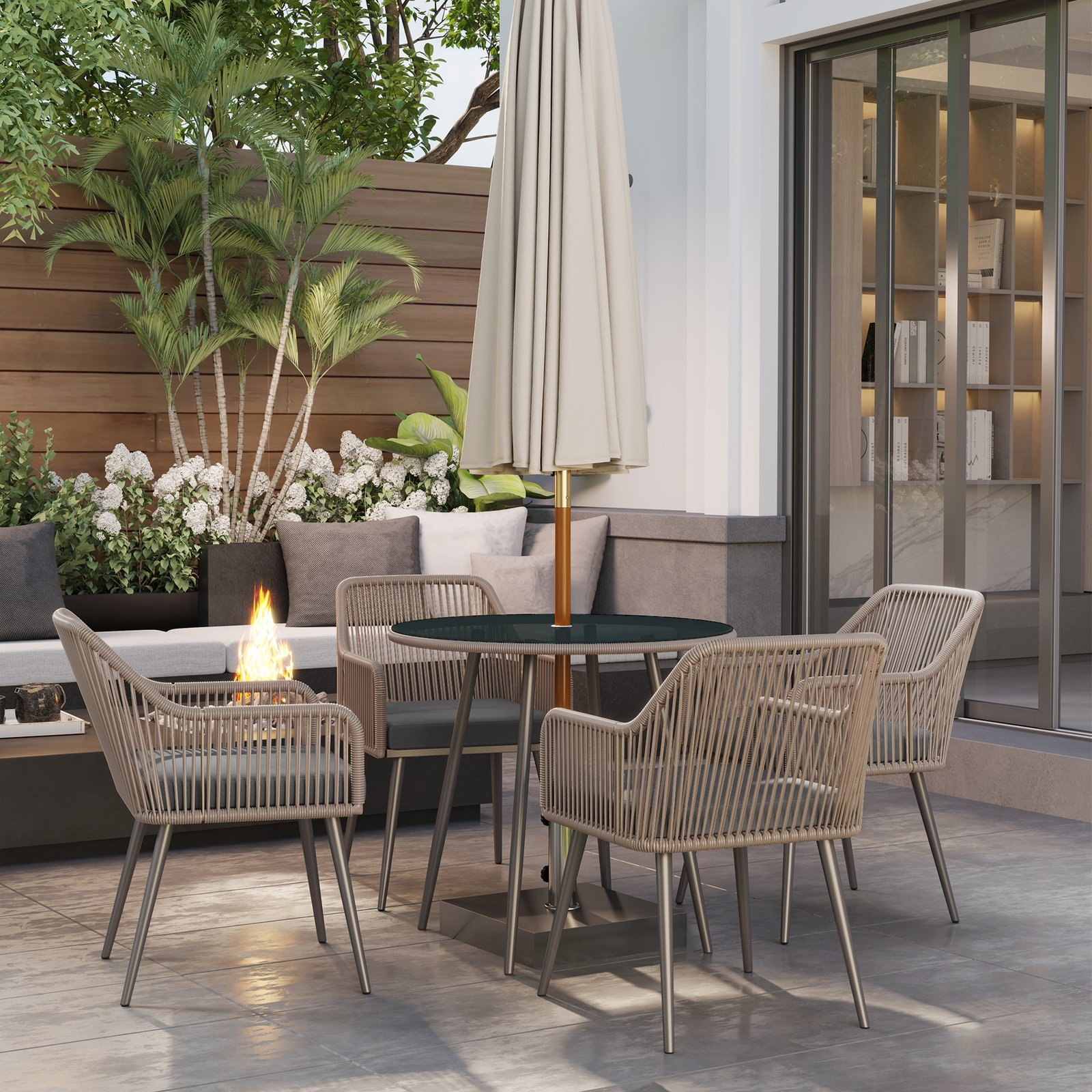 Outsunny 4 Seater Rattan Dining Set, Rattan Garden Furniture Set with Parasol Hole, Outdoor Dining Table and Chairs Set with Cushions, Round Glass Top Table for Patio, Balcony, Light Brown - Image 8