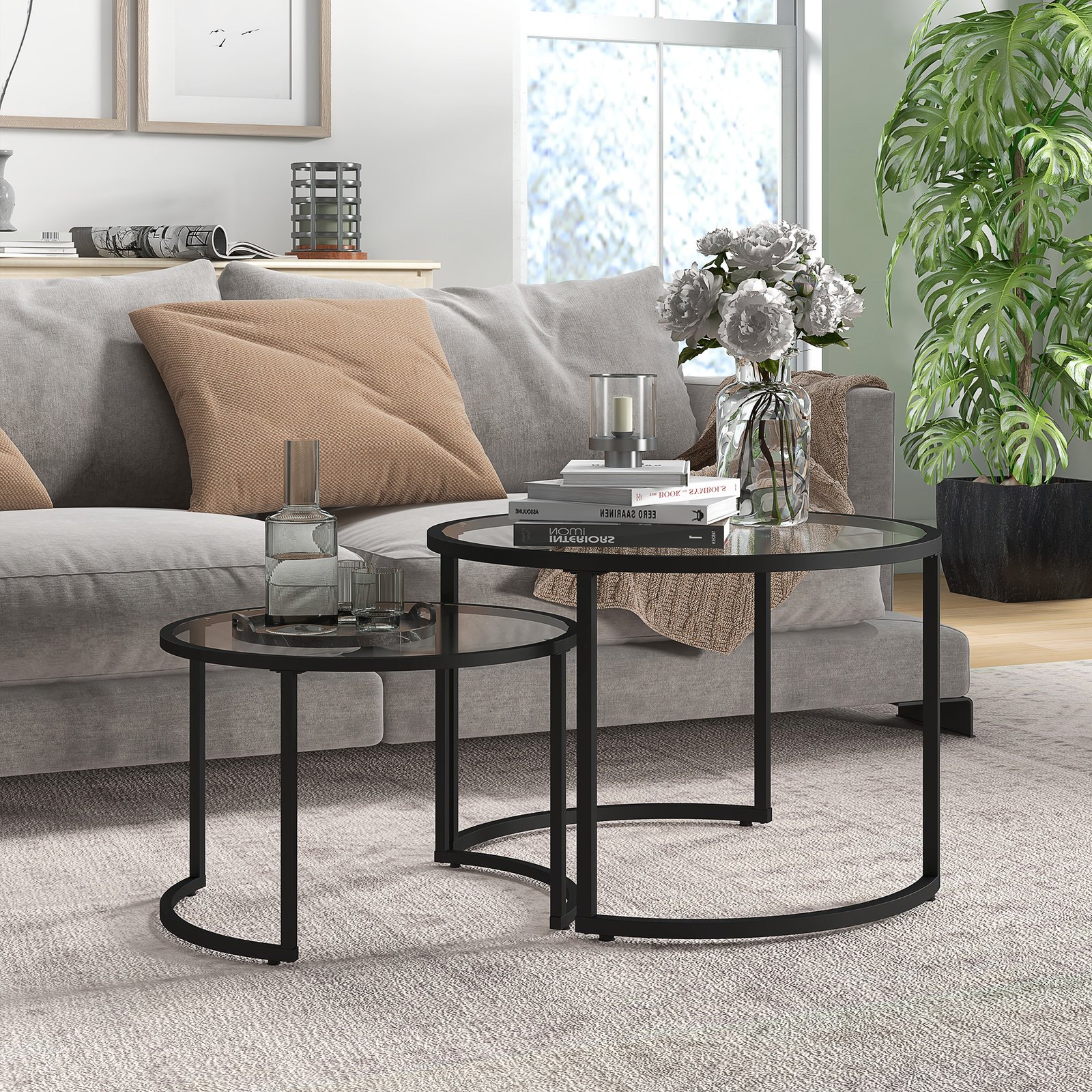 HOMCOM Two-Piece Nest of Glass-Top Coffee Tables - Image 2
