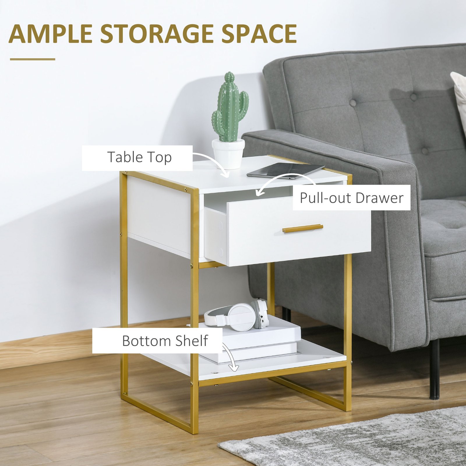 HOMCOM Modern Bedside Table, Nightstand with Drawer Shelf, Side Table for Living room, Bedroom White and Gold, Set of 2 - Image 5