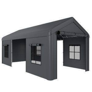 Outsunny 3 x 6 m Heavy Duty Carport, Portable Garage Car Canopy Tent with Galvanised Frame, Doors, Windows, Dark Grey