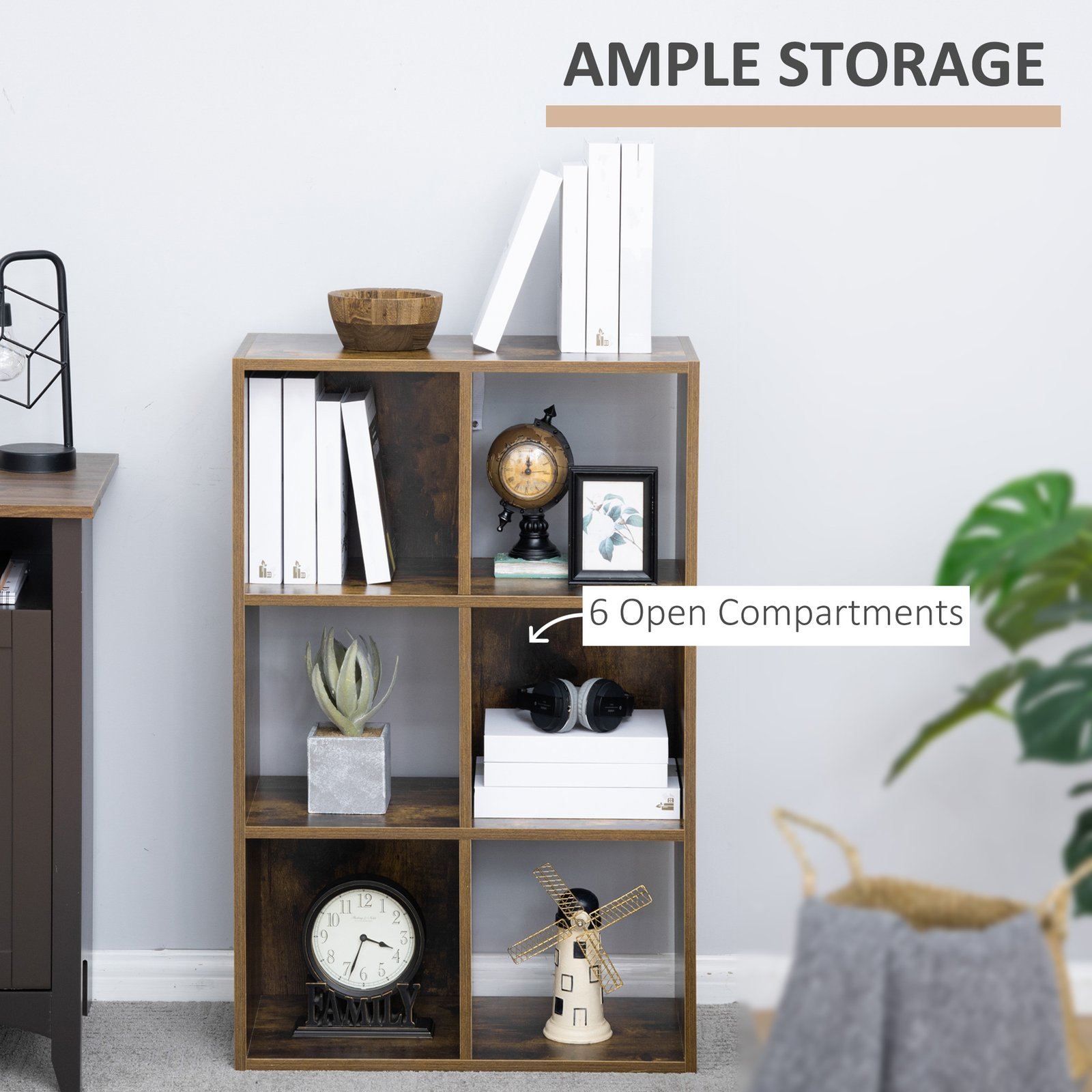 HOMCOM Industrial Style Storage Shelf, Bookcase, Bookshelf with 6 Compartments, Freestanding Shelving Unit for Living Room, Home Study, Rustic Brown - Image 5