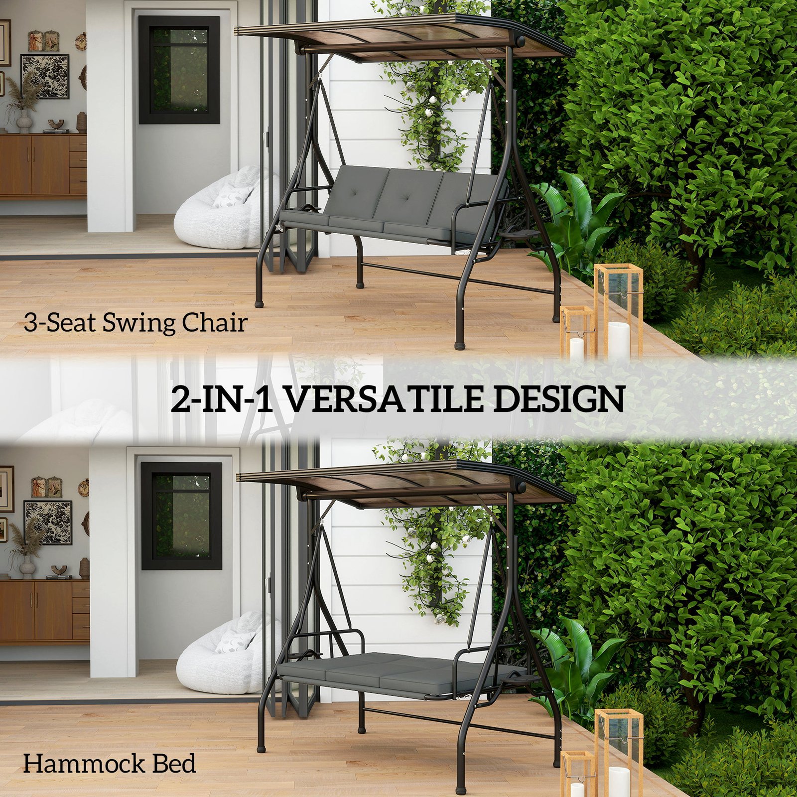 Outsunny Convertible Three-Seater Swing Bench Bed - Dark Grey - Image 4
