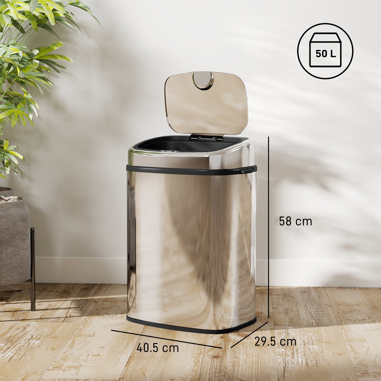 HOMCOM 50L Stainless Steel Sensor Bin - Silver Tone - Image 3