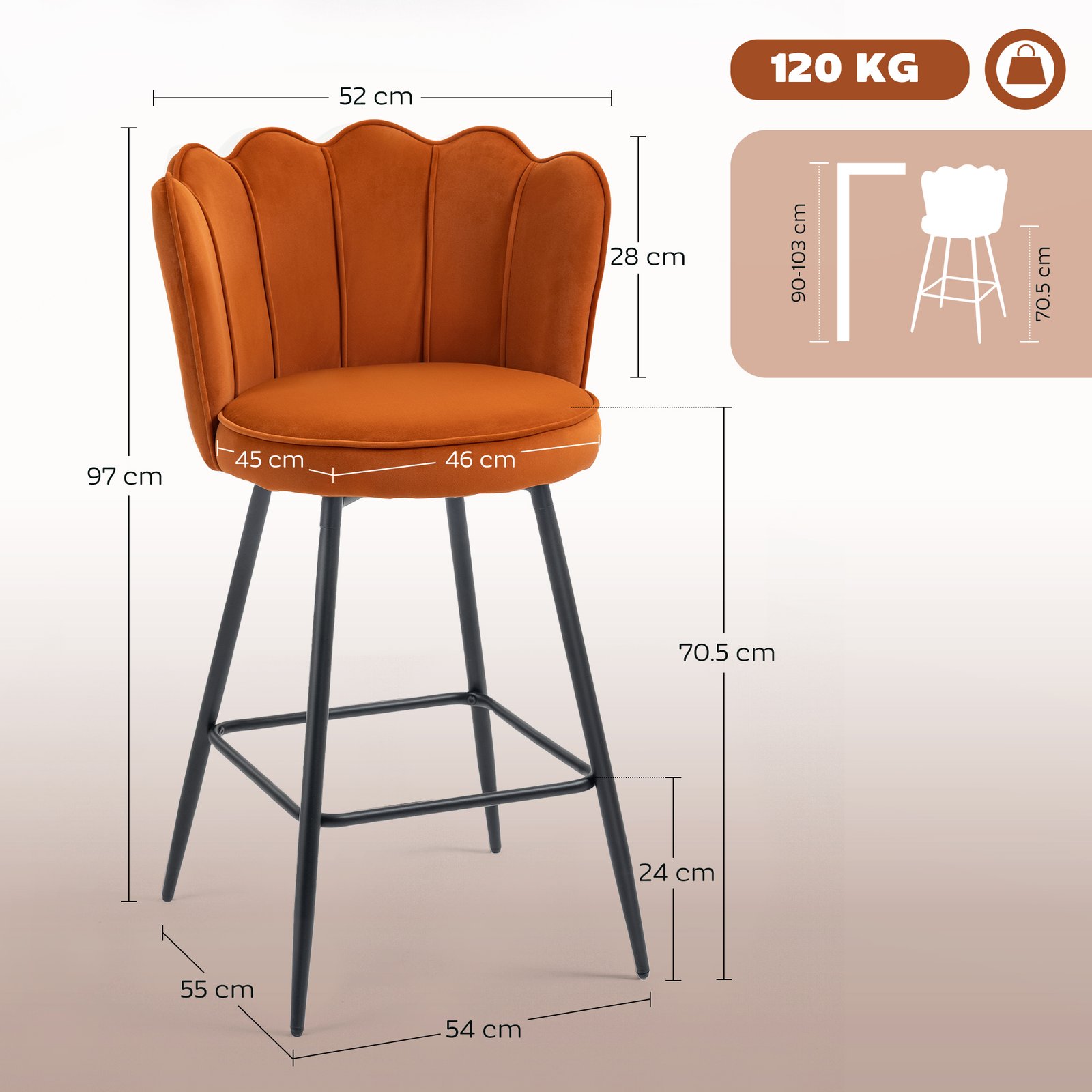 HOMCOM Set of Two Velvet-Feel Lotus Bar Stools - Orange - Image 3