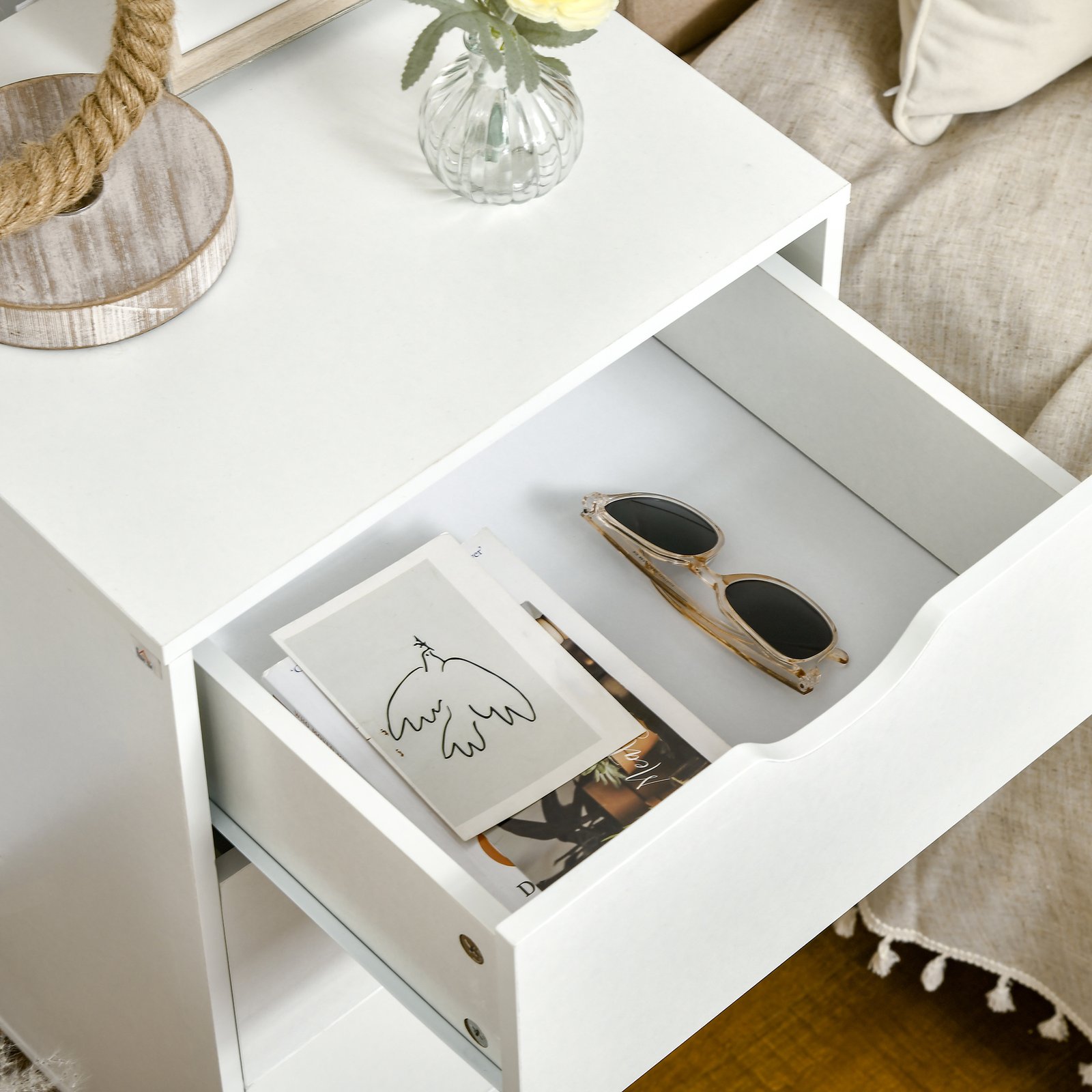 HOMCOM Bedside Table, Bedside Cabinet with 3 Drawers, Side End Table with Pine Wood Legs for Bedroom Living Room, White - Image 9