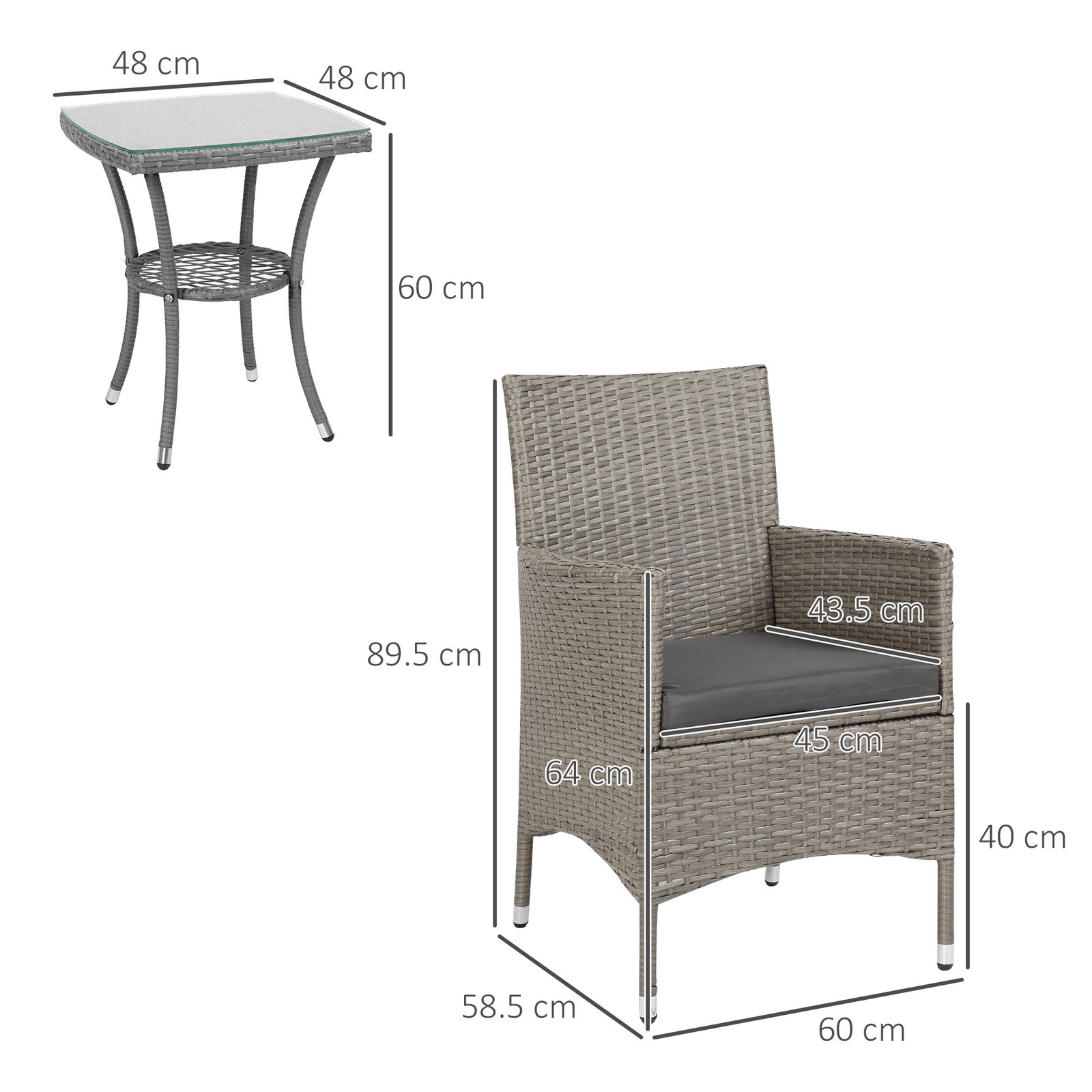 Outsunny 3 Pieces Rattan Bistro Set, Wicker Garden Furniture Set with 2-Tier Coffee Table and Chairs, Washable Cushions, for Outdoor Patio Balcony, Grey - Image 3