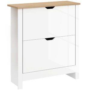 HOMCOM Slim Shoe Cabinet, Narrow Shoe Cupboard with 2 Flip Drawers, Adjustable Shelves for 12 Pairs of Shoes, High Gloss White