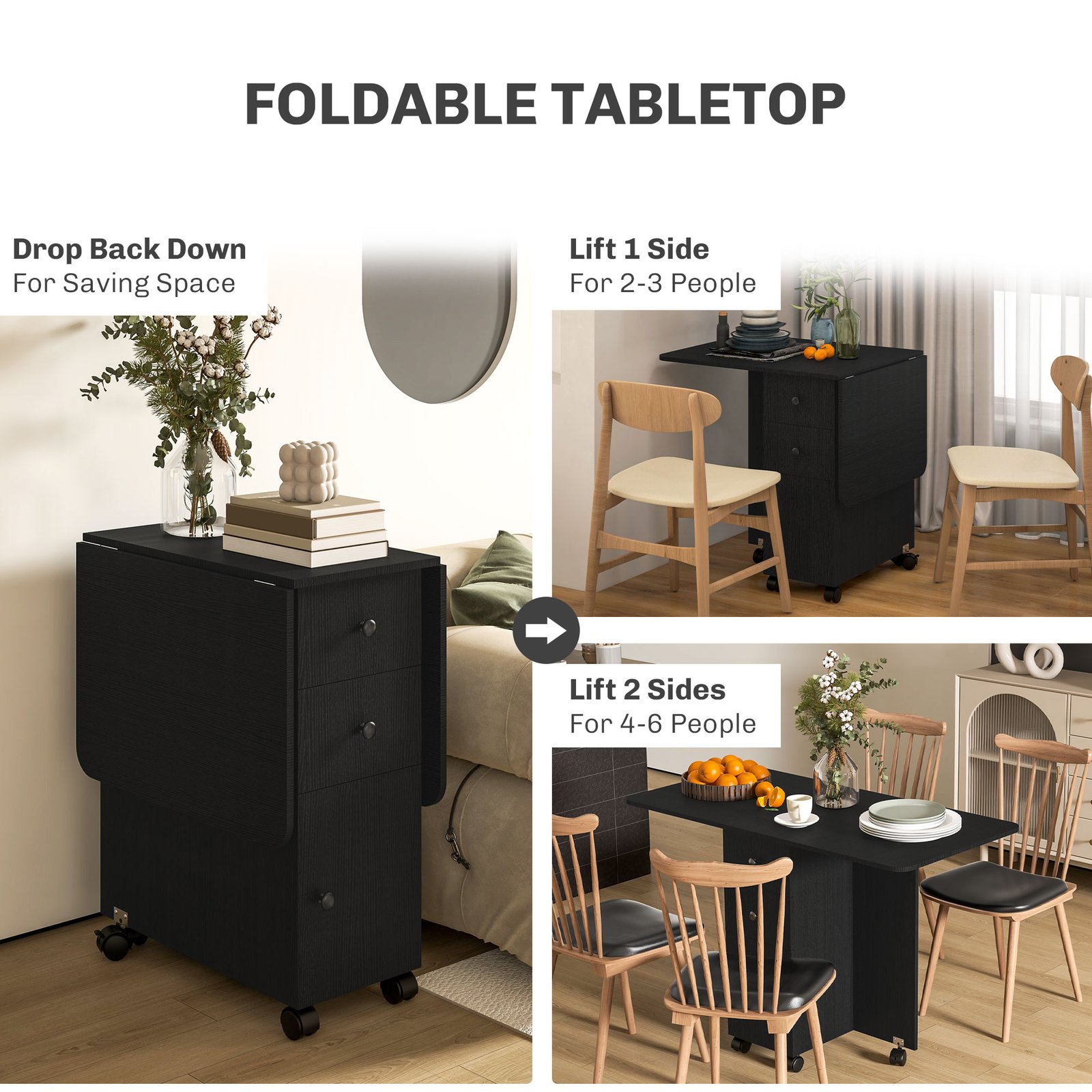 HOMCOM Multi-Storage Six-Person Drop Leaf Dining Table - Distressed Black - Image 5