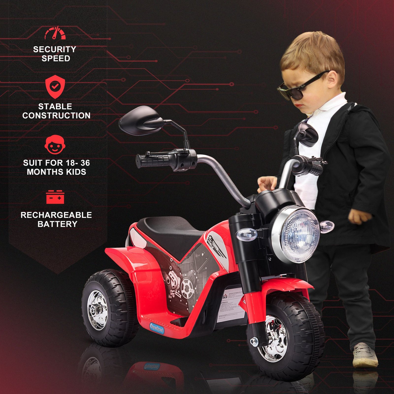 HOMCOM 6V Kids Electric Motorbike 3 Wheels Ride On Toy with Horn Headlights Realistic Sounds for Girl Boy 18 - 36 Months Red - Image 5