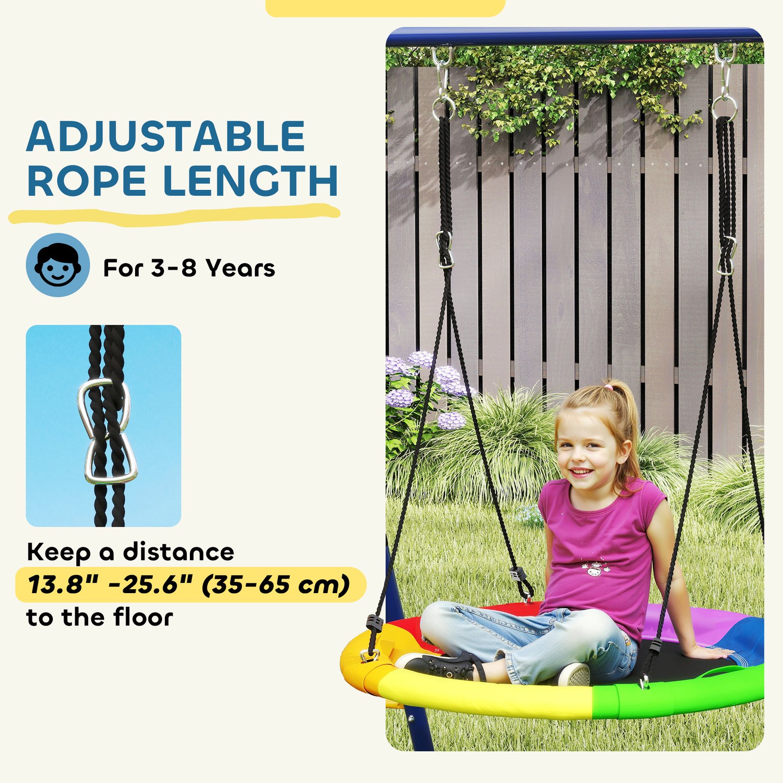 AIYAPLAY 6 in 1 Metal Kids Swing Set with 3 Swings, Climbing Ladder & Net, Basketball Hoop, for Ages 3-8 - Image 5