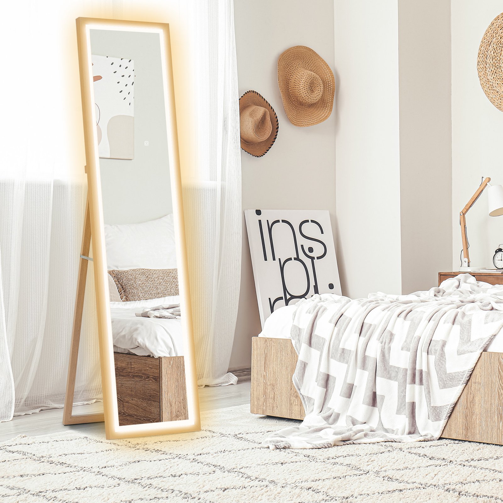 HOMCOM Full Length Mirror, with Adjustable Outer Light, Oak - Image 2