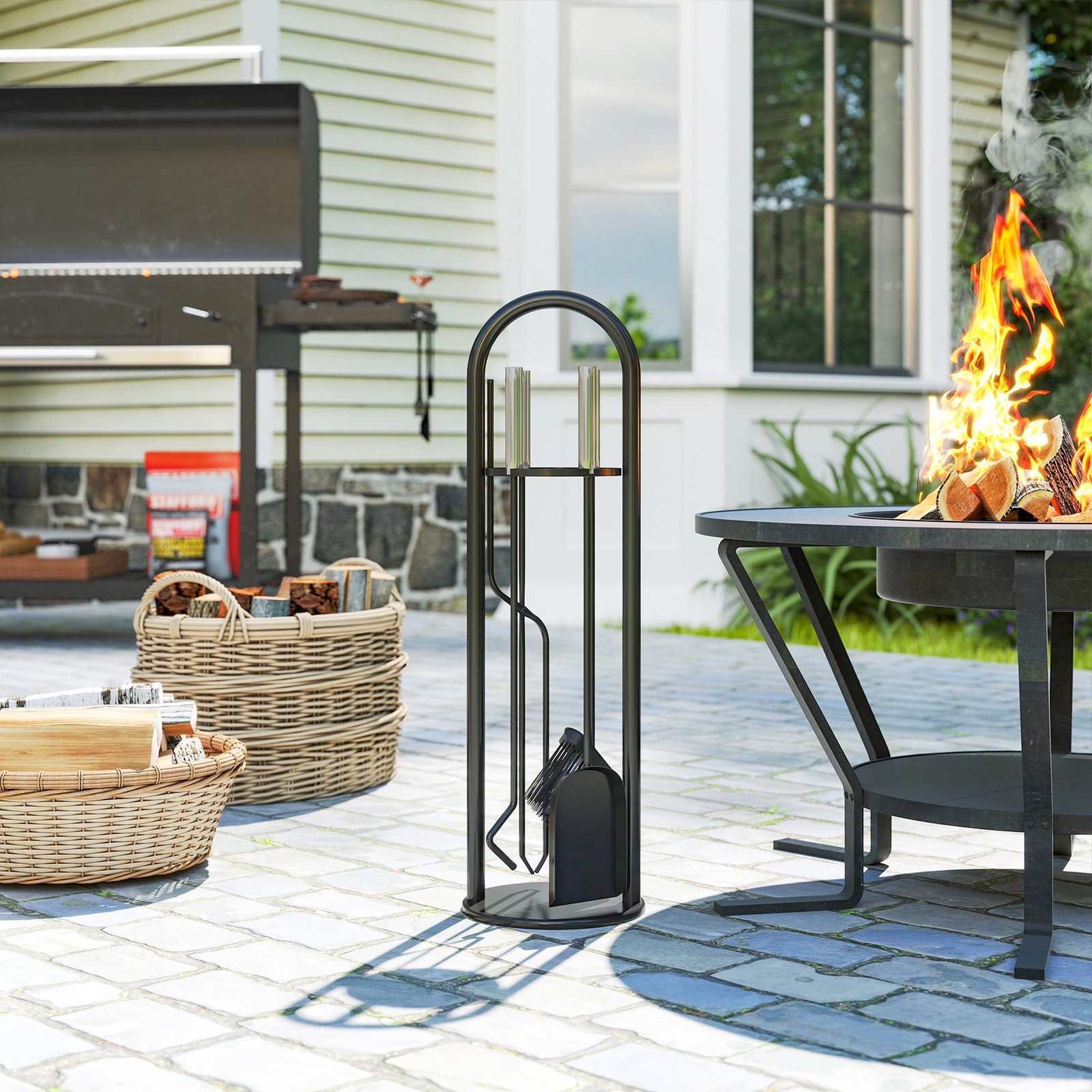 Outsunny 5 Pieces Fireplace Tools Set, Metal Fireplace Accessories Fireside Companion Set with Broom, Shovel, Poker and Bucket, Silver - Image 2
