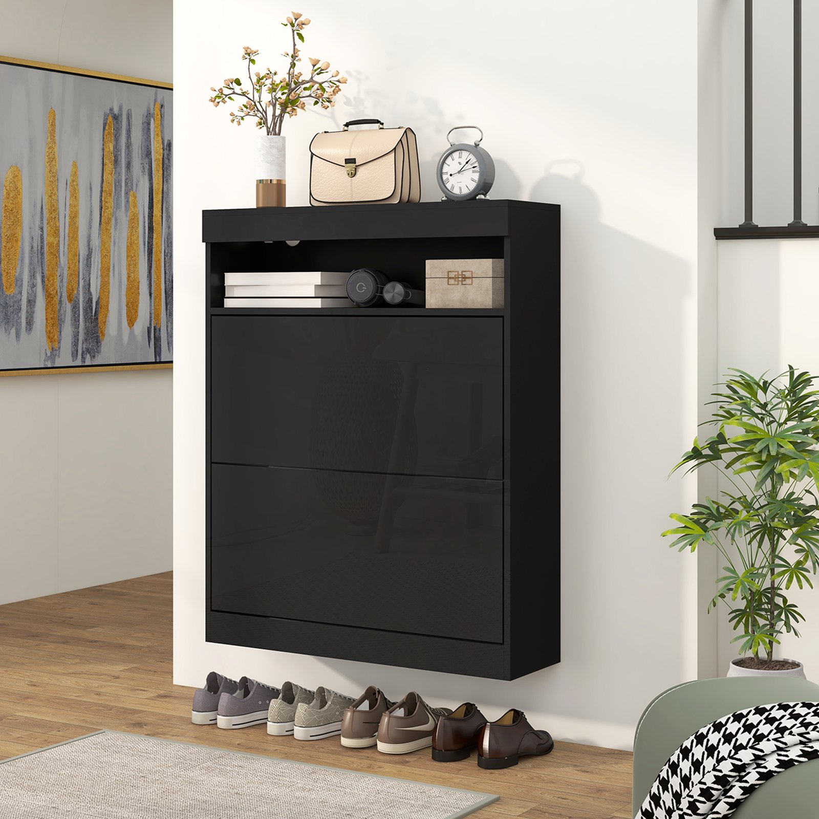 HOMCOM 16 Shoe Pair Storage Cabinet, with Flip Doors - High Gloss Black - Image 7