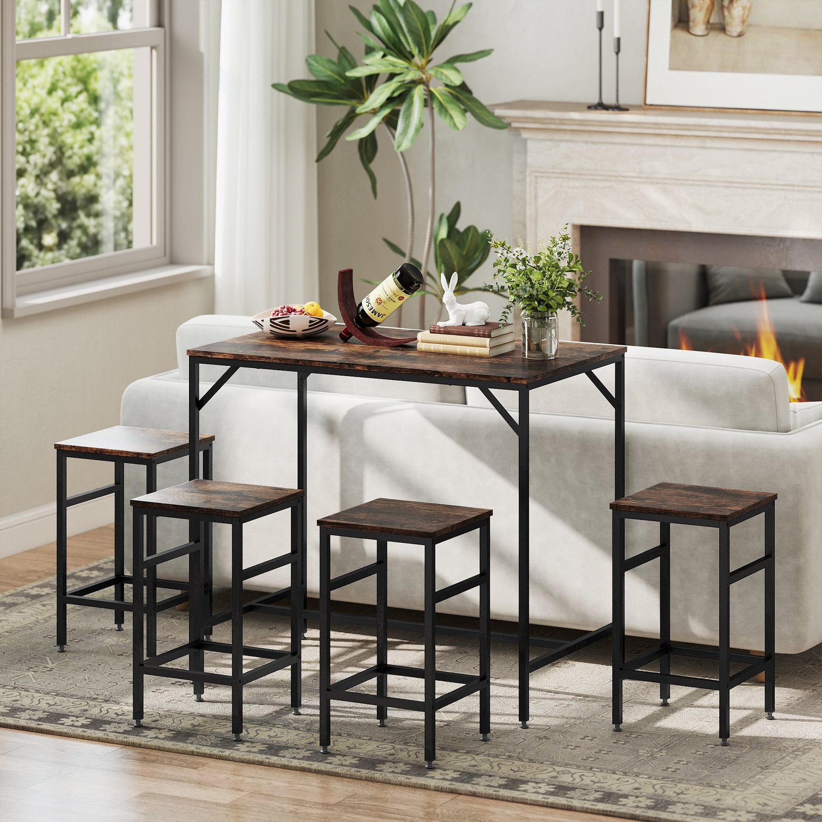 HOMCOM 5-Piece Breakfast Bar Table and Stools Set, Kitchen Bar Table Set with High Table and 4 Stools, Space Saving Compact Dining Furniture for Small Spaces, Rustic Brown - Image 8