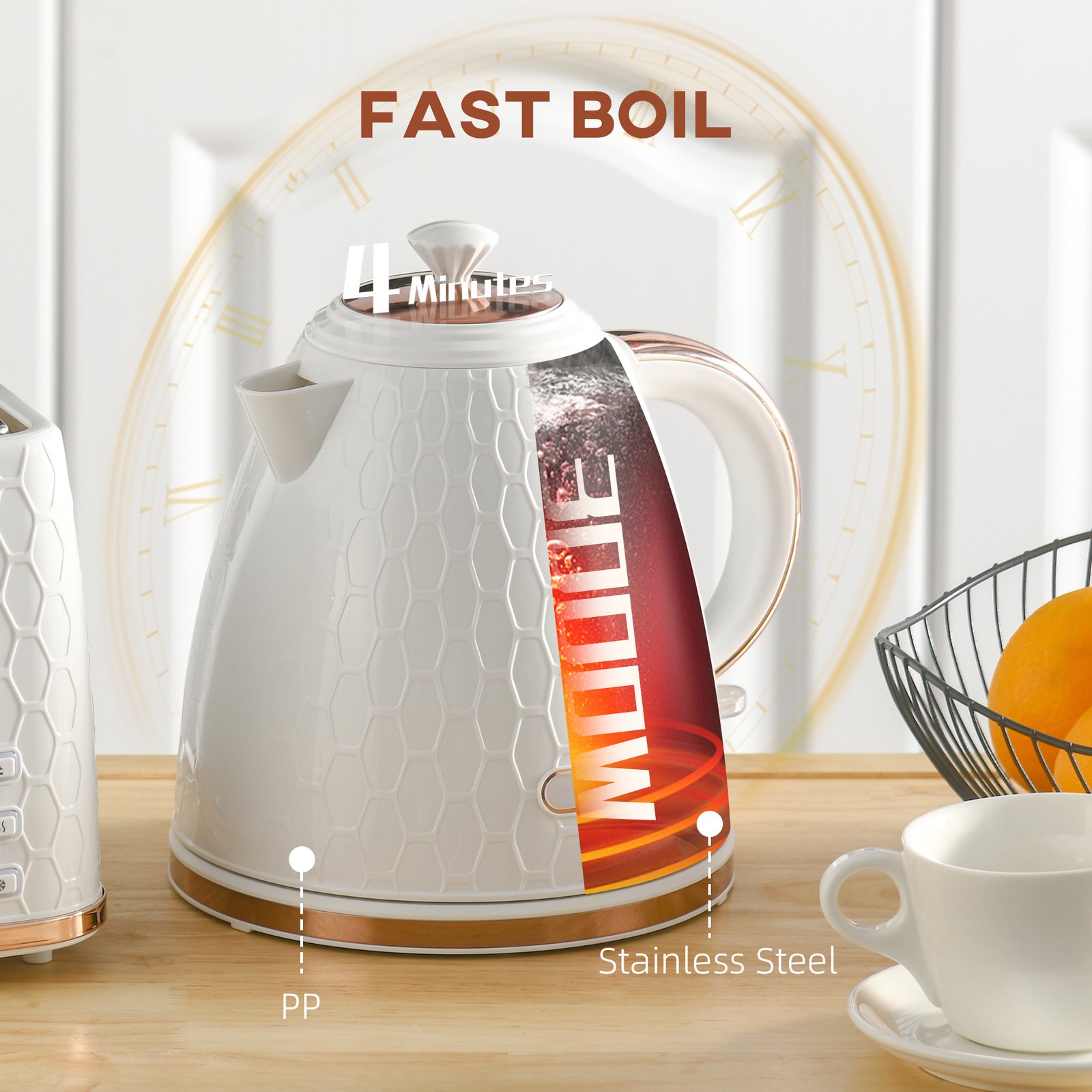 HOMCOM 3kW Rapid Boil Honeycomb Kettle - Cream - Image 5