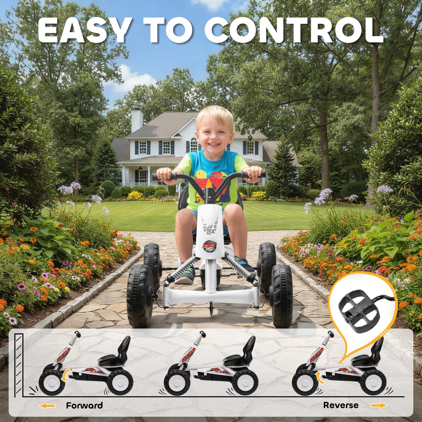 AIYAPLAY Kids Pedal Go Kart with Steel Frame, Sporty Design, for Ages 2-5 Years, White - Image 5