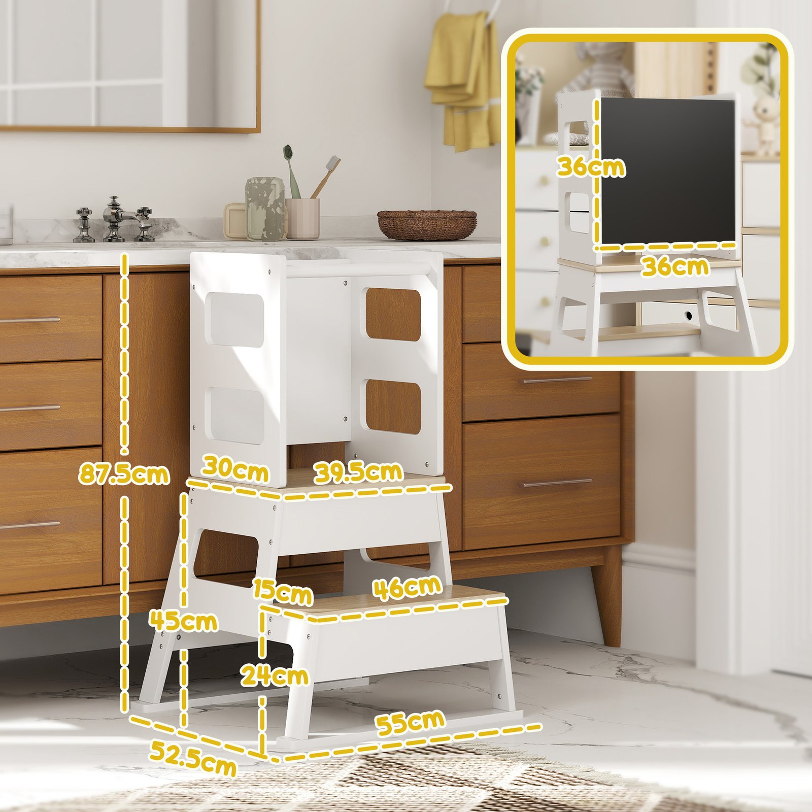 AIYAPLAY 2-in-1 Toddler Tower with Chalkboard, Safety Rail for Kitchen, Counter, Bathroom, Sink, White - Image 3