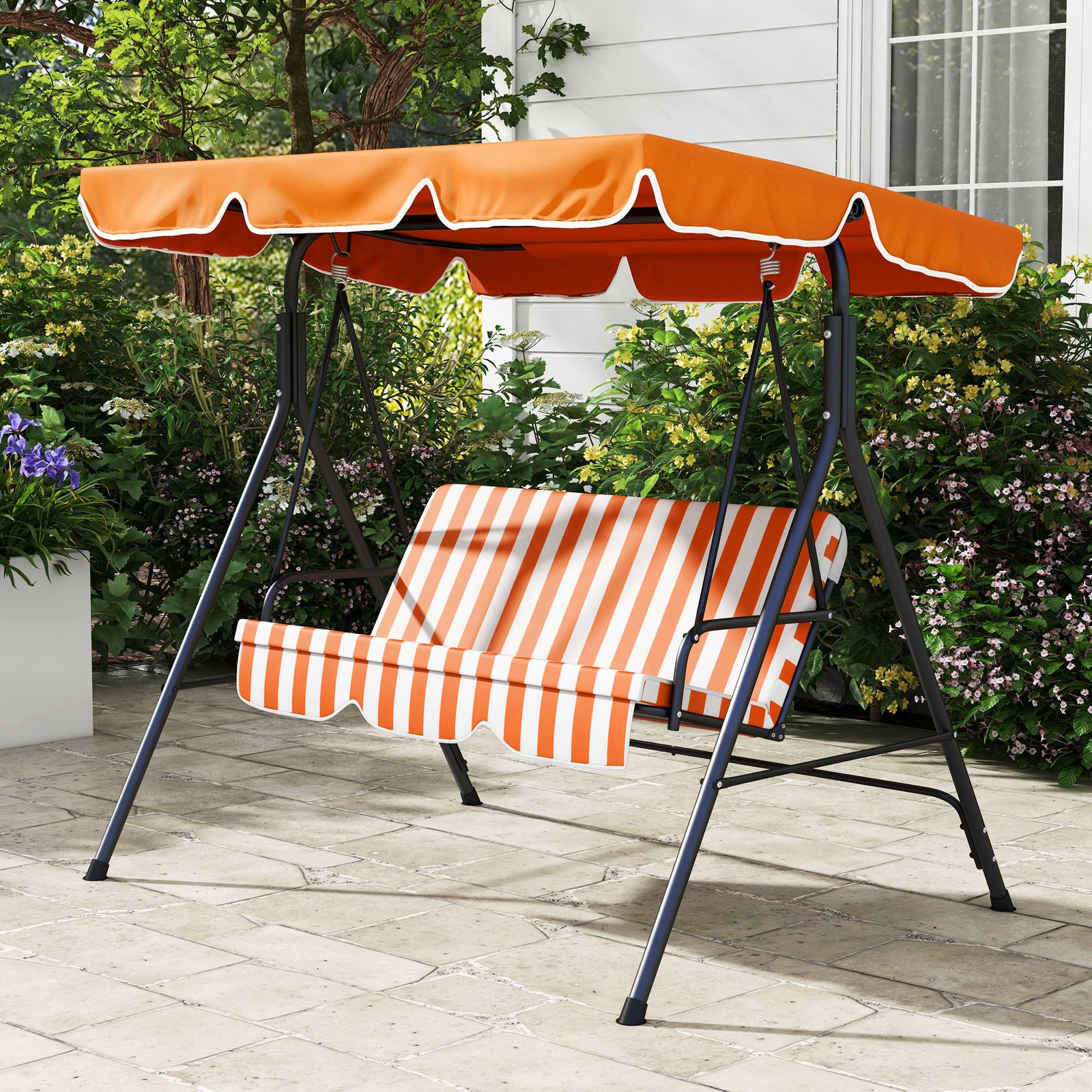 Outsunny 3 Seater Garden Swing Chair, Outdoor Swing Chair with Adjustable Canopy, Mental Frame & Cushions, Orange - Image 9