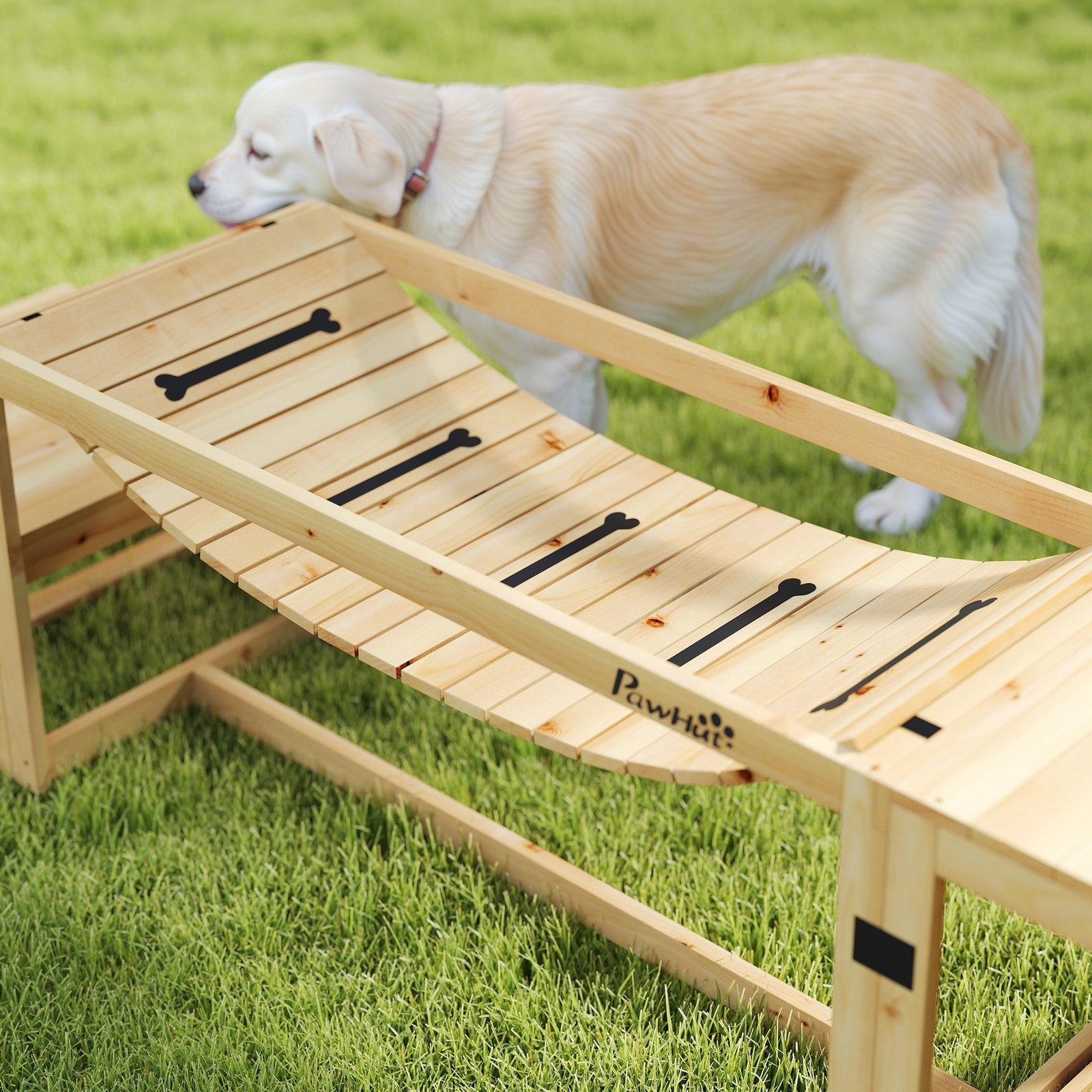 PawHut 3 Pieces Wooden Dog Agility Training Equipment with Soft Bridge, Pause Platform and Pet Stair for Outdoor, Natural Wood - Image 8