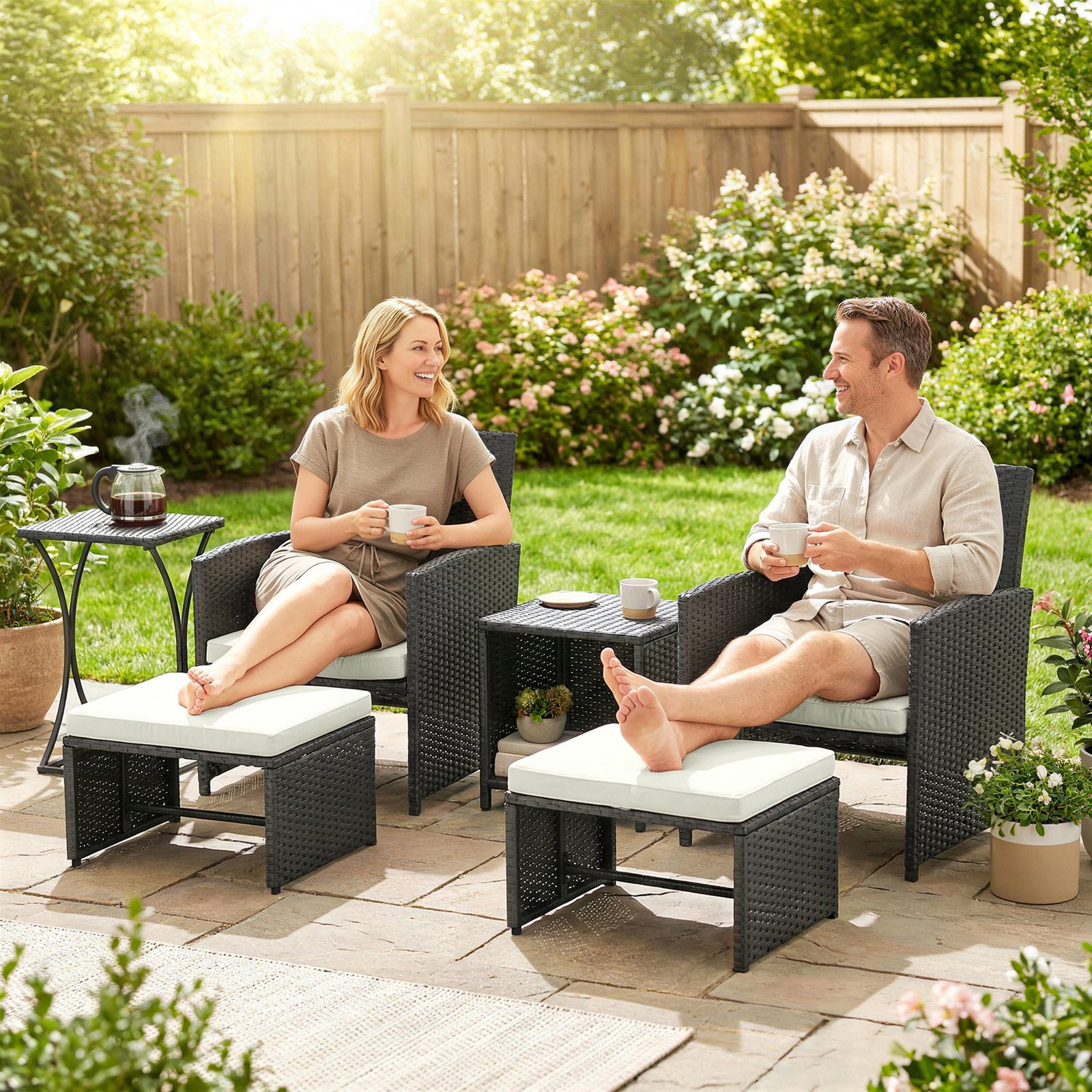 Outsunny 6 Piece Rattan Garden Furniture, Space-Saving Patio Furniture Set with Nesting Tables, Chairs, Stools, Cushions, Black - Image 9