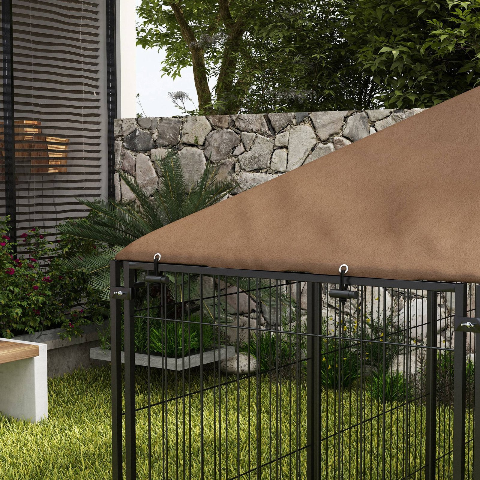 PawHut Outdoor Dog Kennel Puppy Play Pen with Canopy Garden Playpen Fence Crate Enclosure Cage Rotating Bowl 211 x 141 x 151 cm - Image 9