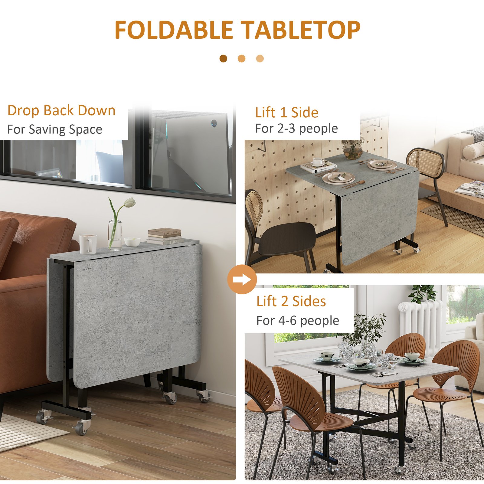 HOMCOM Mobile Drop Leaf Table, Folding Dining Table with 6 Wheels & Brakes, Kitchen Table for Small Spaces, Grey Marble Effect - Image 5