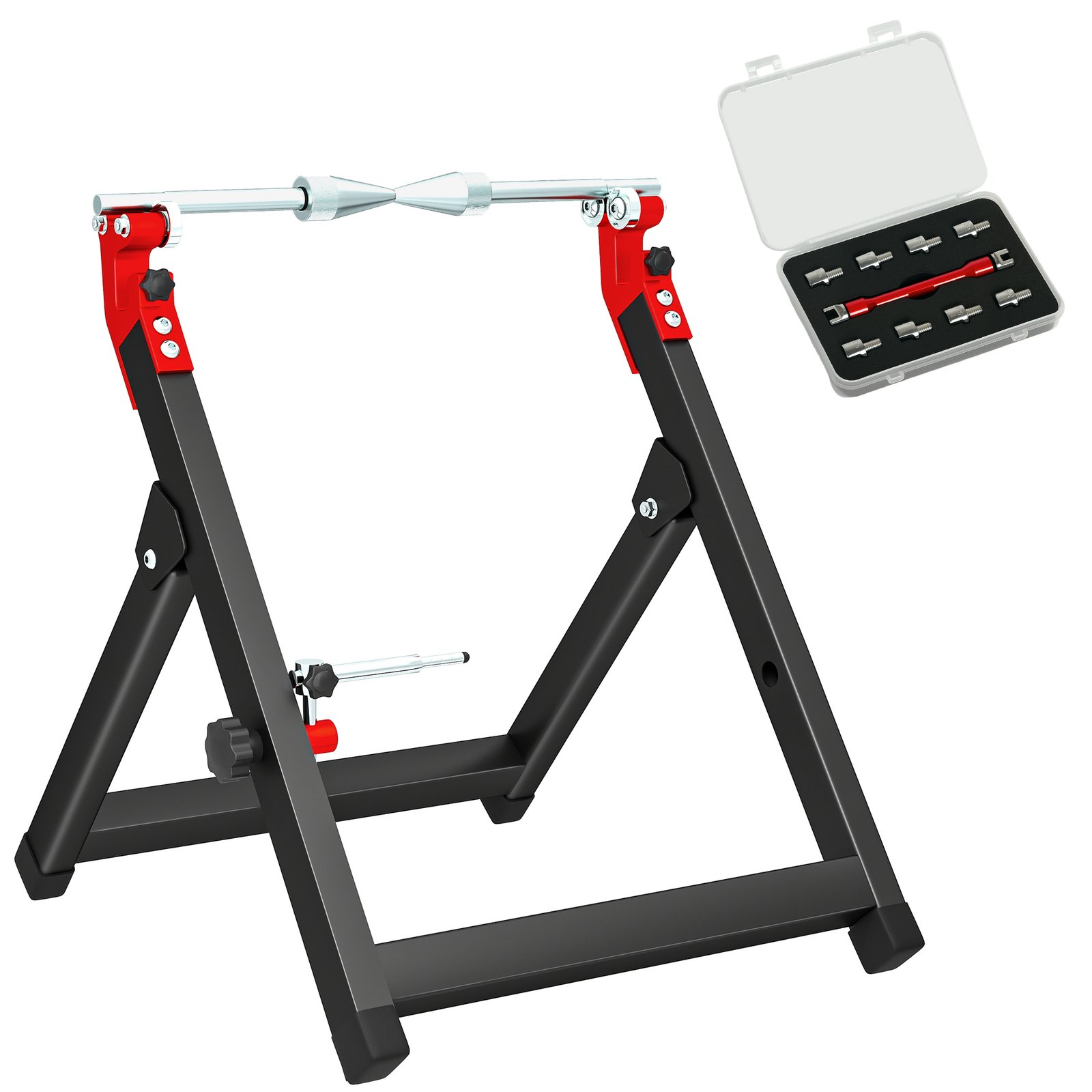 HOMCOM Foldable Motorcycle Wheel Balancer Truing Stand with Spoke Wrench, Steel Bike Tyre Rim Balancing Stand with Aluminium Shaft, Fits Wheels up to 23" in Diameter, 5" in Width, Black