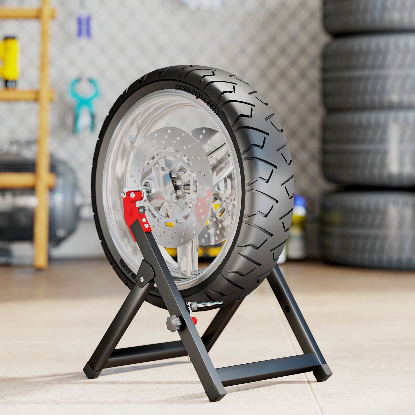 HOMCOM Foldable Motorcycle Wheel Balancer Truing Stand with Spoke Wrench, Steel Bike Tyre Rim Balancing Stand with Aluminium Shaft, Fits Wheels up to 23" in Diameter, 5" in Width, Black - Image 2