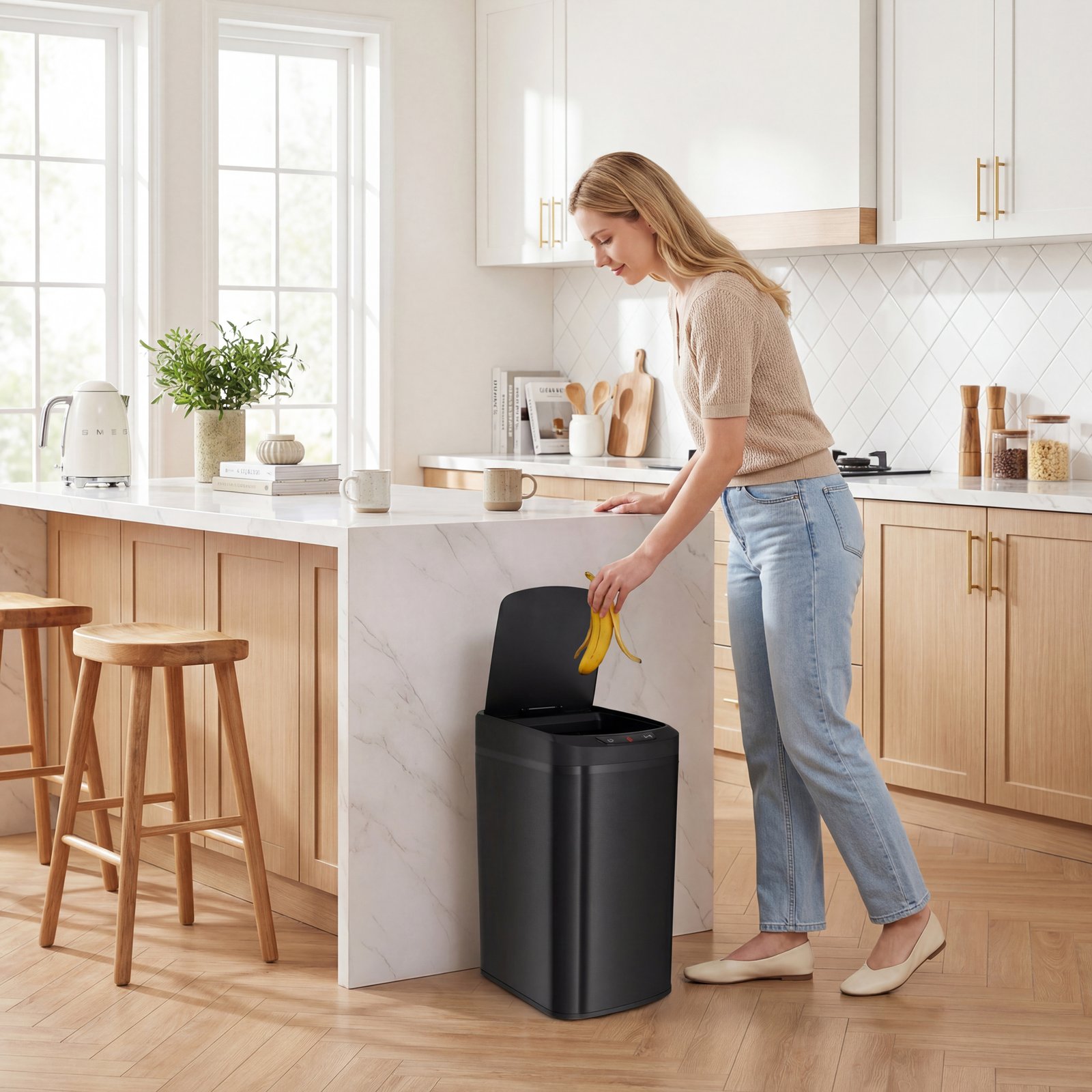 HOMCOM 12L Sensor Bin, Automatic Touchless Motion Sensor Kitchen Bin with Fingerprint Resistant Stainless Steel, Black - Image 2
