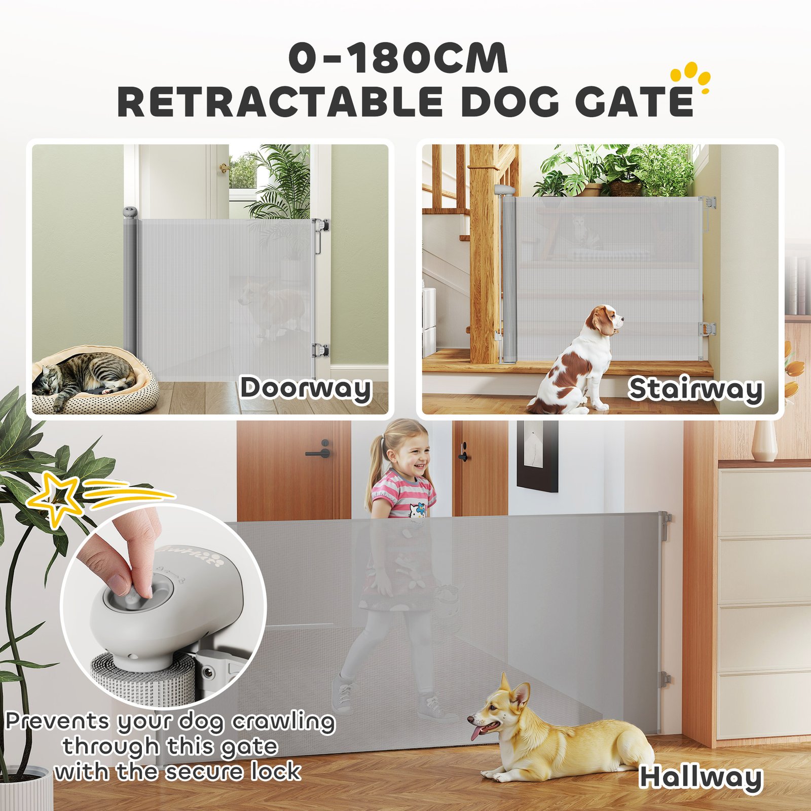 PawHut Retractable Stair Gate Extends Up to 180 cm Wide, Dog Gate for Doorways, Stairways, Hallways, Grey - Image 4