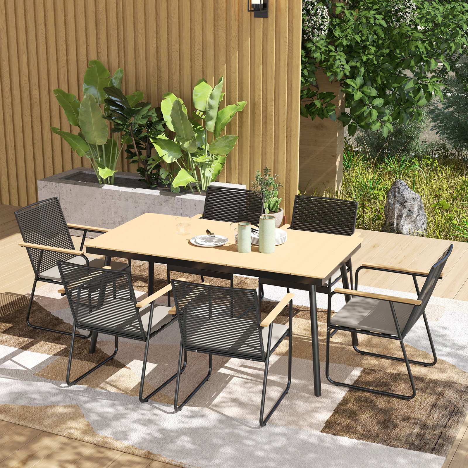 Outsunny 6 Seater Garden Dining Set with Soft Cushions, Rattan Backrest, Rectangular Plastic Top, Garden Furniture Set, Outdoor Dining Table and Chairs for Patio, Balcony, Poolside, Nature Wood Finish - Image 2