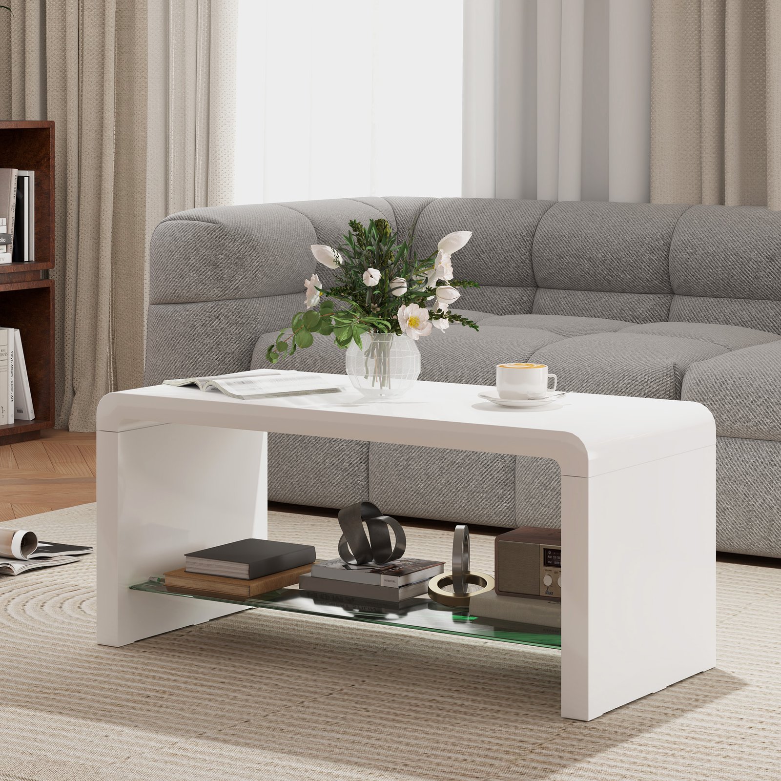 HOMCOM Curved Two-Tier Coffee Table - High Gloss White - Image 2