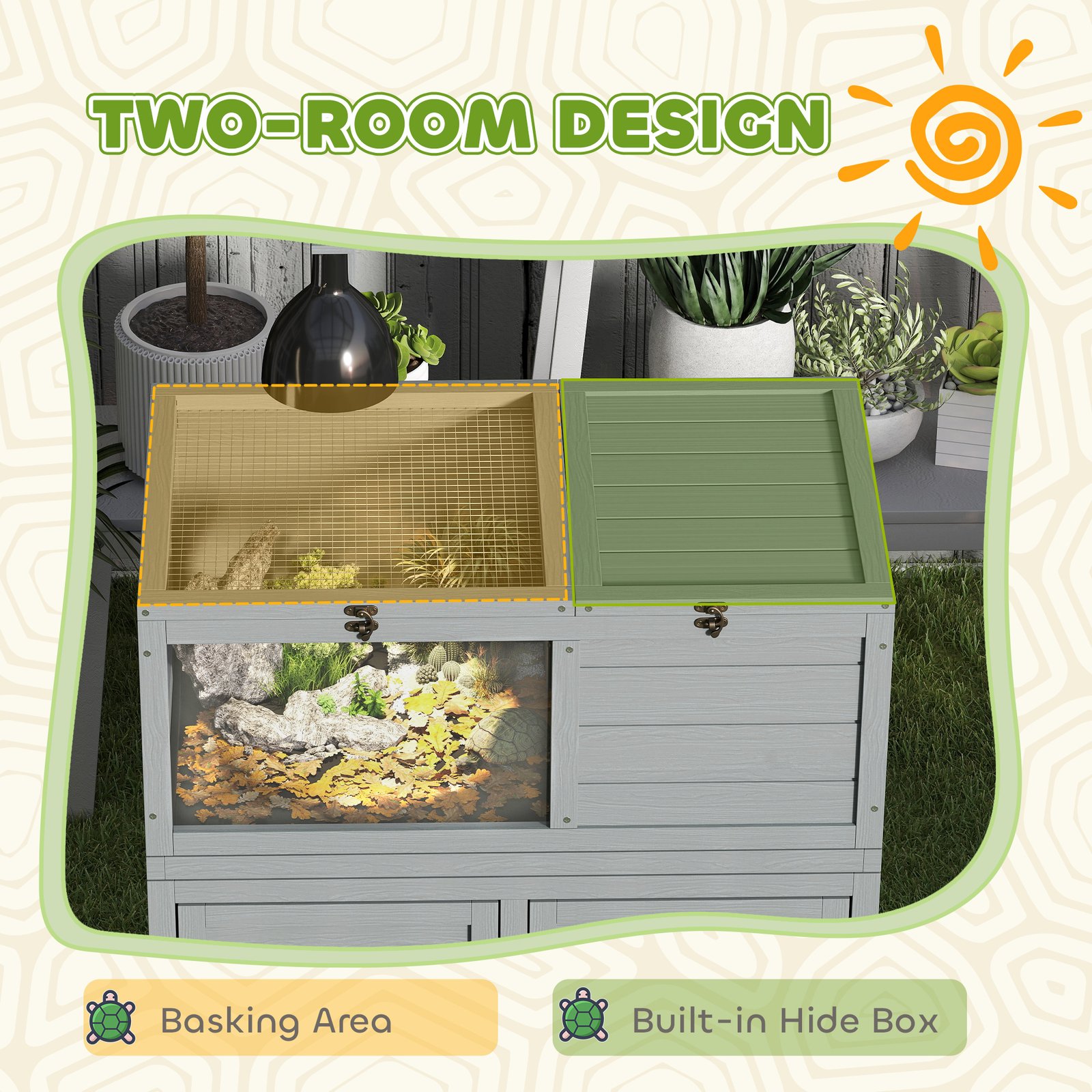 PawHut Wooden Tortoise House with Storage Cabinet, Openable Top, Lamp Holder, Windows, Light Grey - Image 5