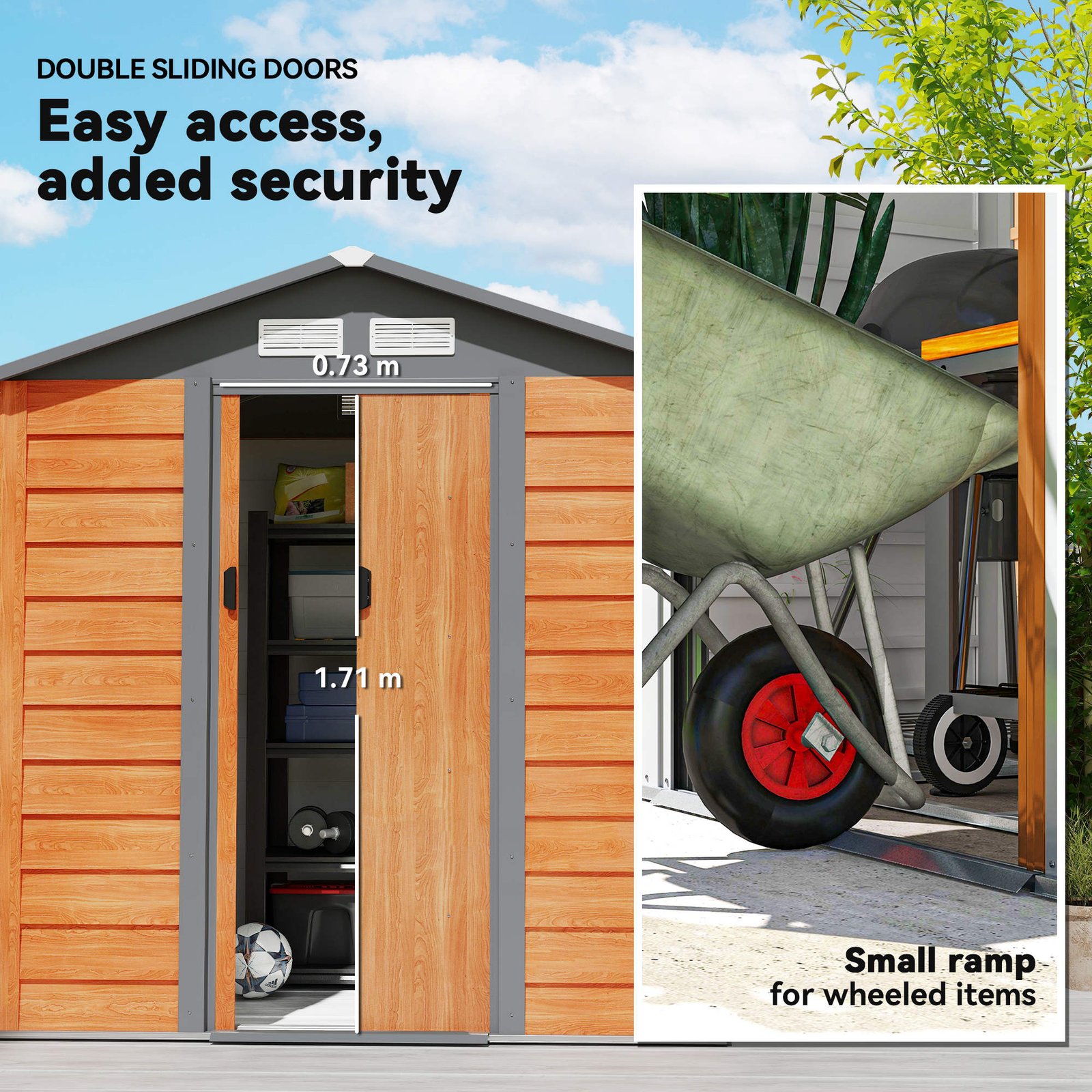 Outsunny 6.5 x 5ft Metal Garden Shed, House Hut Gardening Tool Storage with Ventilations, Sliding Door, Sloped Roof for Garden, Patio, Brown - Image 6