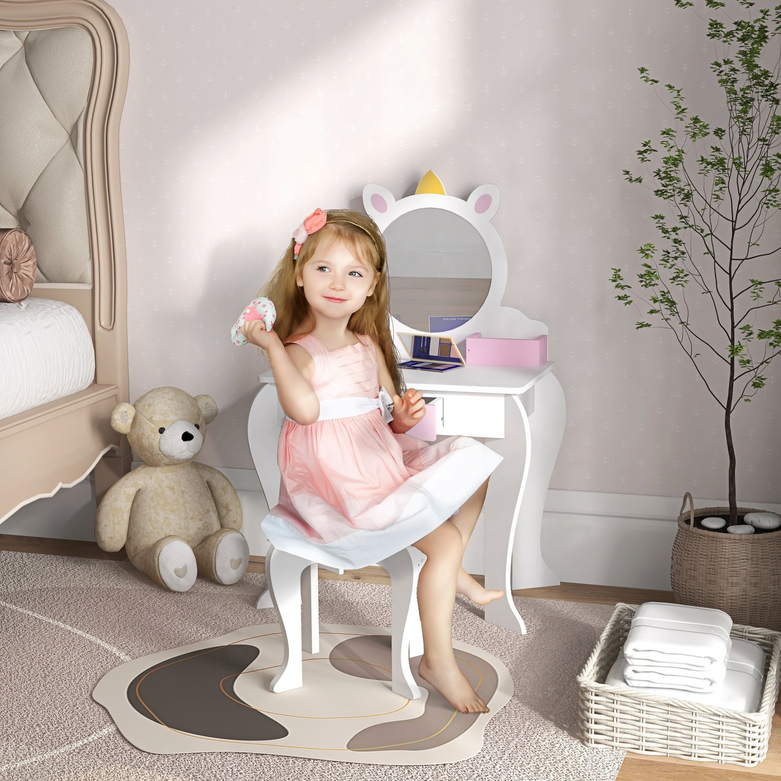 ZONEKIZ Unicorn-Design Kids Dressing Table, with Mirror and Stool - White - Image 2