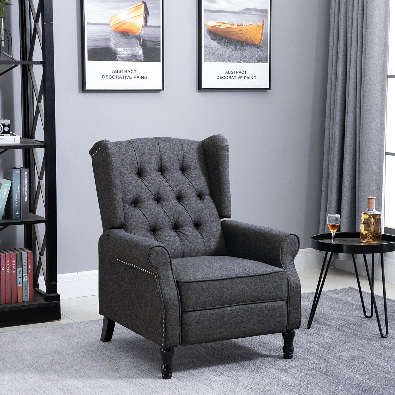 HOMCOM Recliner Armchair, Vintage Reclining Chair with Nail Head Trim, Wingback Chair with Button Tufted Back and Footrest, for Living Room, Dark Grey - Image 2