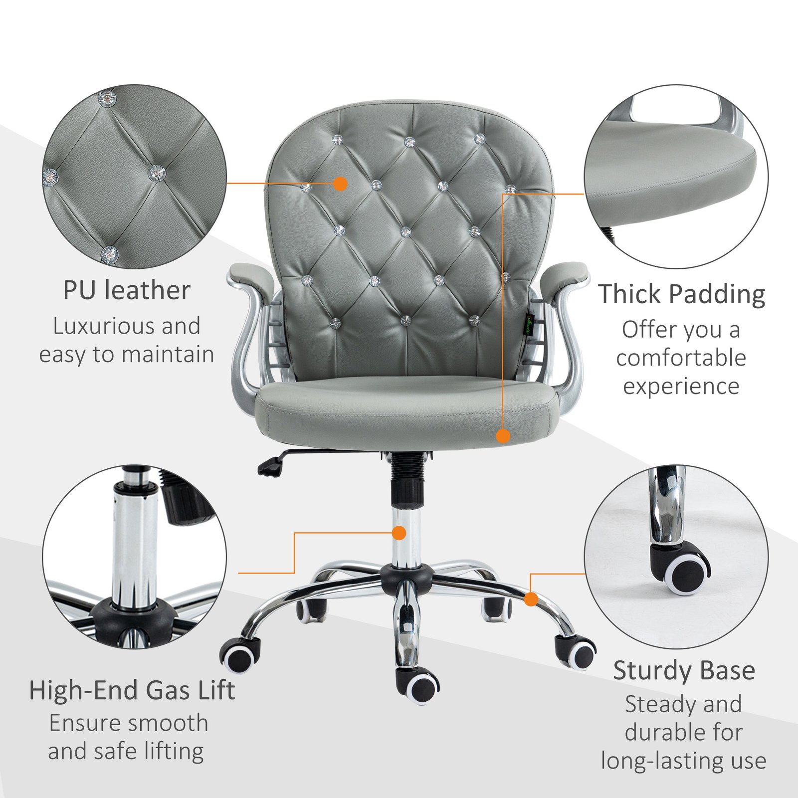 Vinsetto Office Chair Ergonomic 360° Swivel PU Diamante Padded Base 5 Castor Wheels for Home Work Grey - Image 5