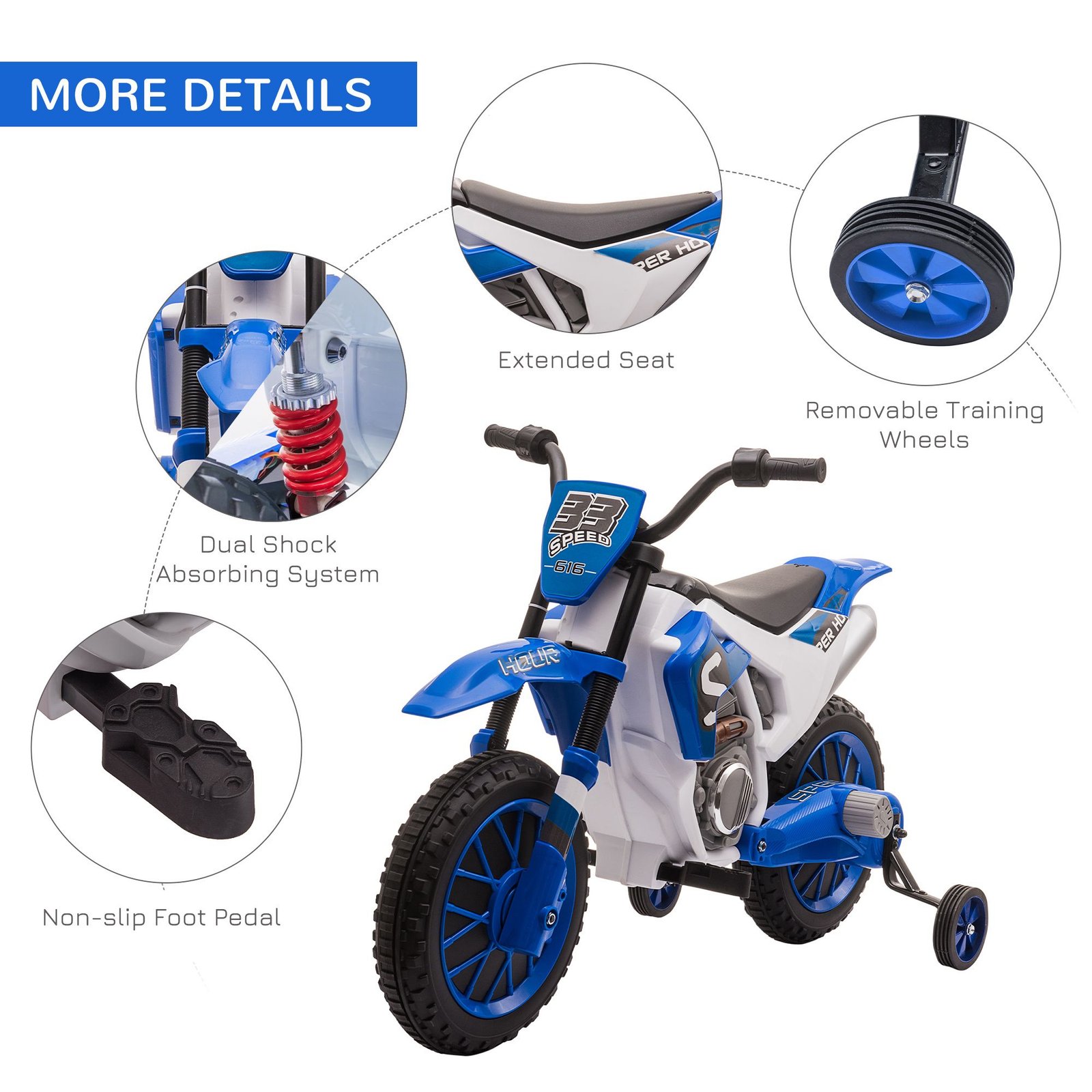 HOMCOM 12V Kids Electric Motorcycle Ride-On, with Training Wheels, for Ages 3-6 Years - Blue - Image 6