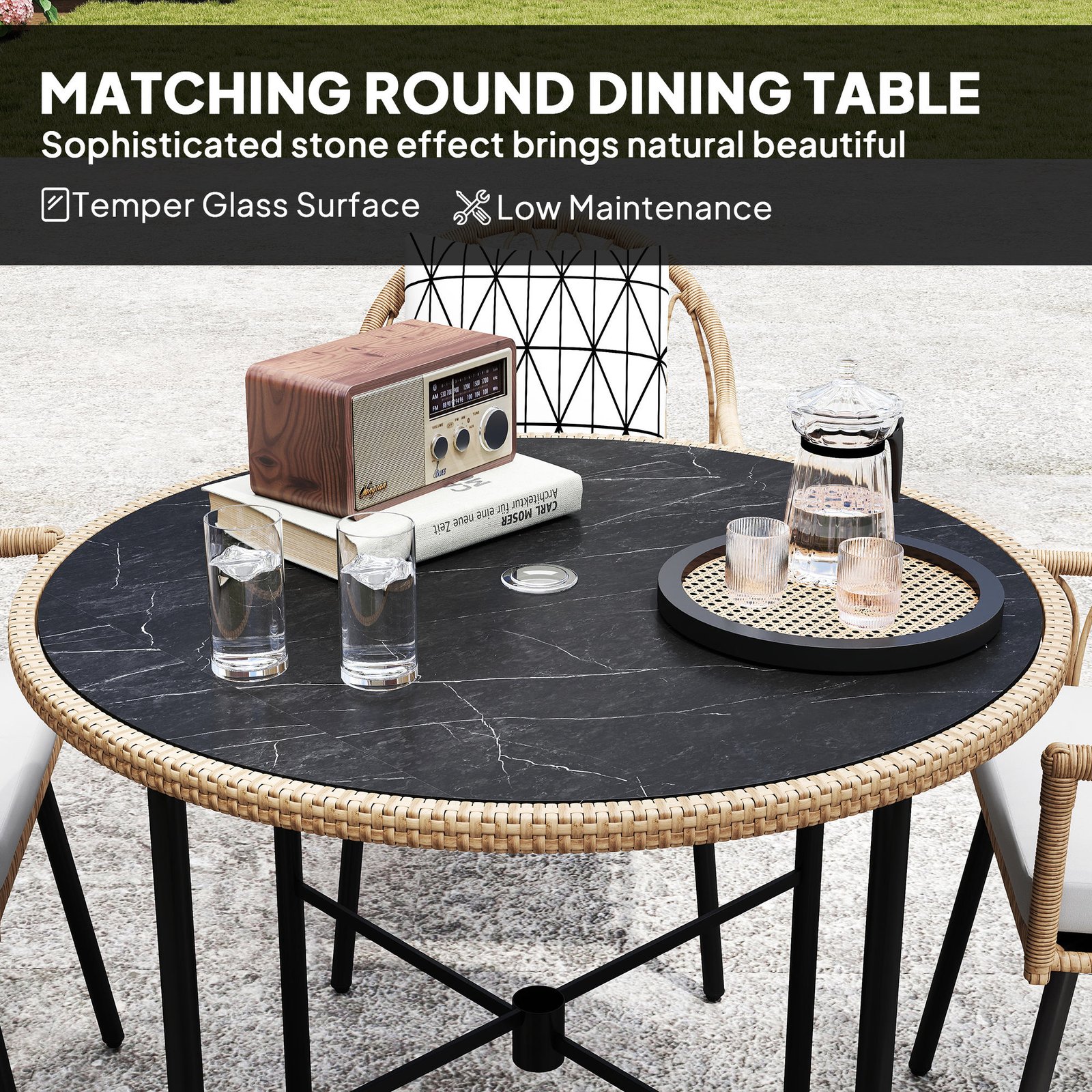 Outsunny 5 Piece Patio Rattan Dining Set, Wicker Garden Table and Chairs w/ Removable Seat & Back Cushions, Round Tempered Glass Tabletop, Parasol Hole, Outdoor Furniture Conservatory Set, Light Brown - Image 6