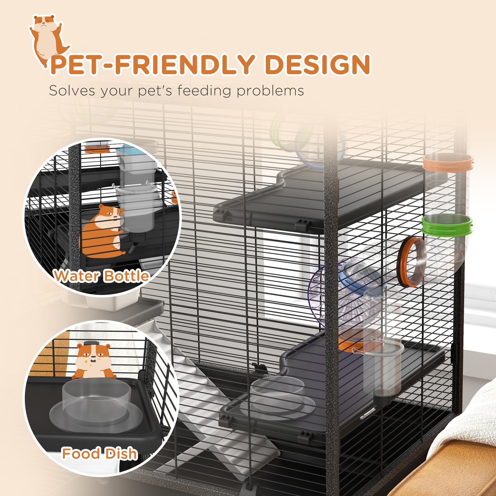 PawHut Large Hamster Cage, Gerbil Cage with Tubes, Storage Shelf, Ramps, Platforms, Running Wheel - Black - Image 7