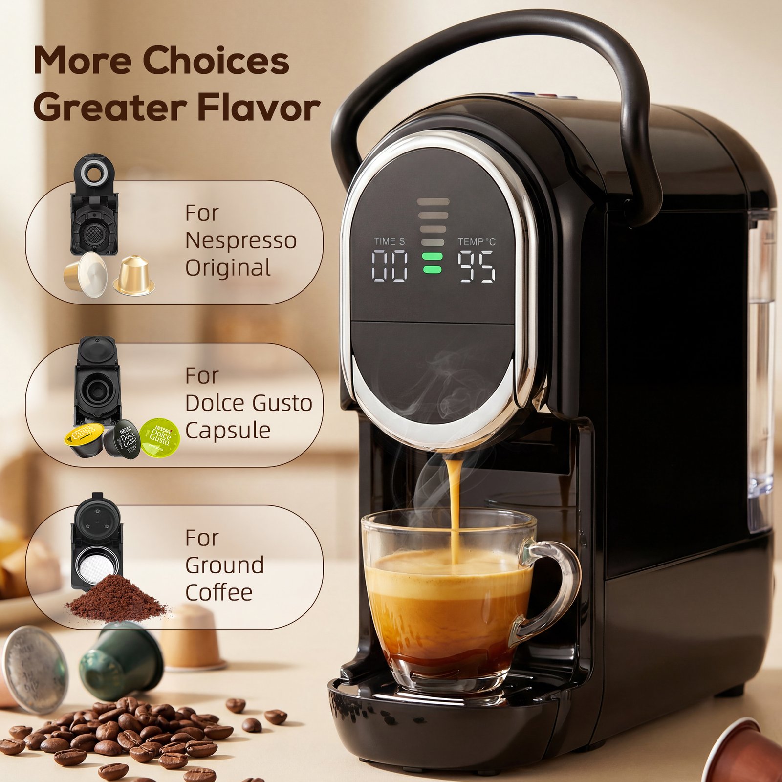 HOMCOM Pod Coffee Machine for Nespresso, Dolce Gusto Capsule & Ground Coffee, Small Semi Automatic Coffee Maker, 19 Bar, 0.6L - Image 4