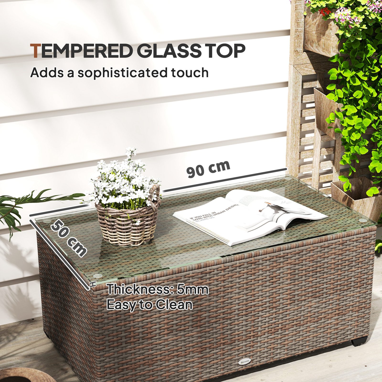Outsunny 90 x 50cm Glass-Top Rattan Side Table - Brown - Image 5