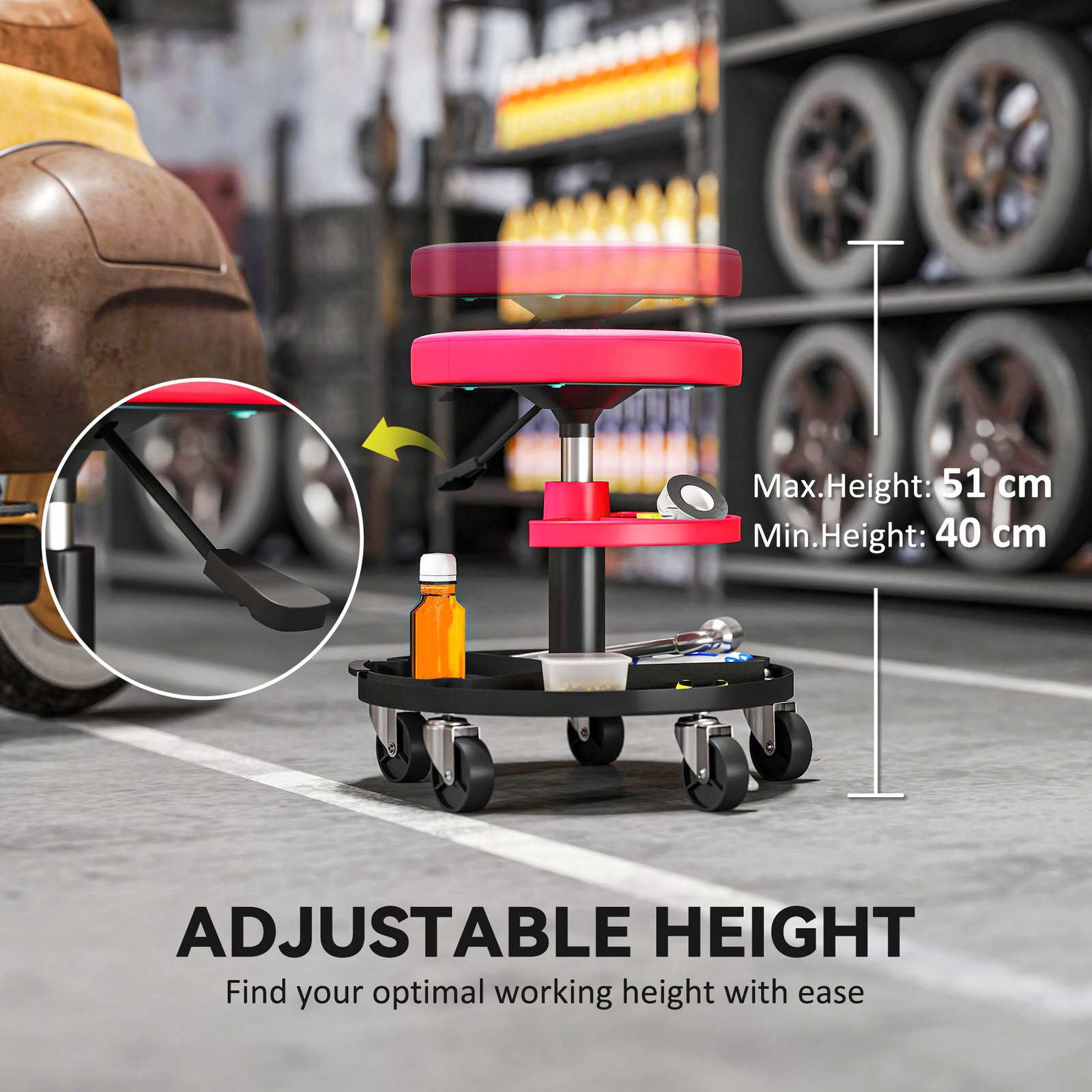 HOMCOM Rolling Mechanic Stool, 135kg Capacity Workshop Stool, 360° Swivel Roller Padded Creeper Seat with Wheels, Tool Trays Storage for Garage, Shop, Auto Repair, Red - Image 5